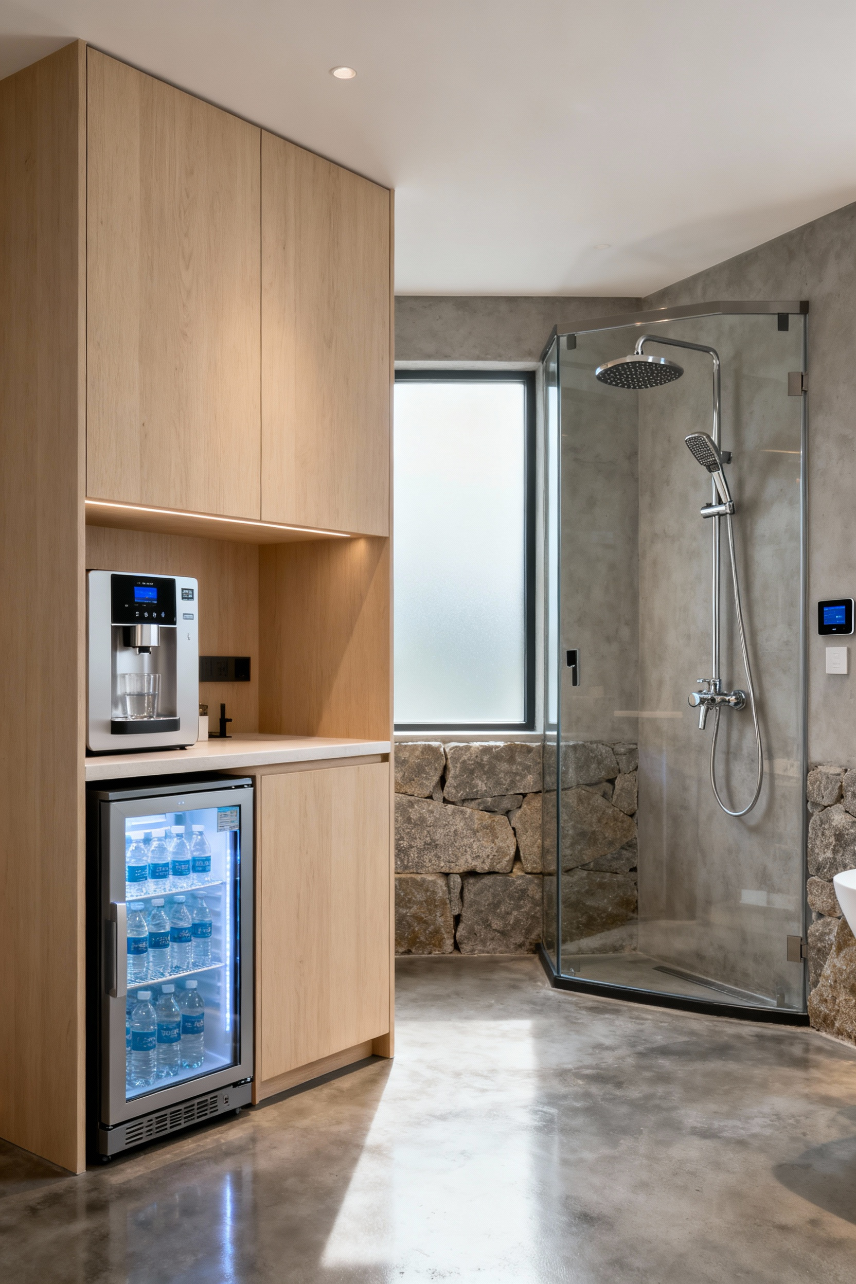 Modern bathroom interior featuring an integrated hydration station with a purified water dispenser and a smart, temperature-controlled shower system with a rainfall showerhead.