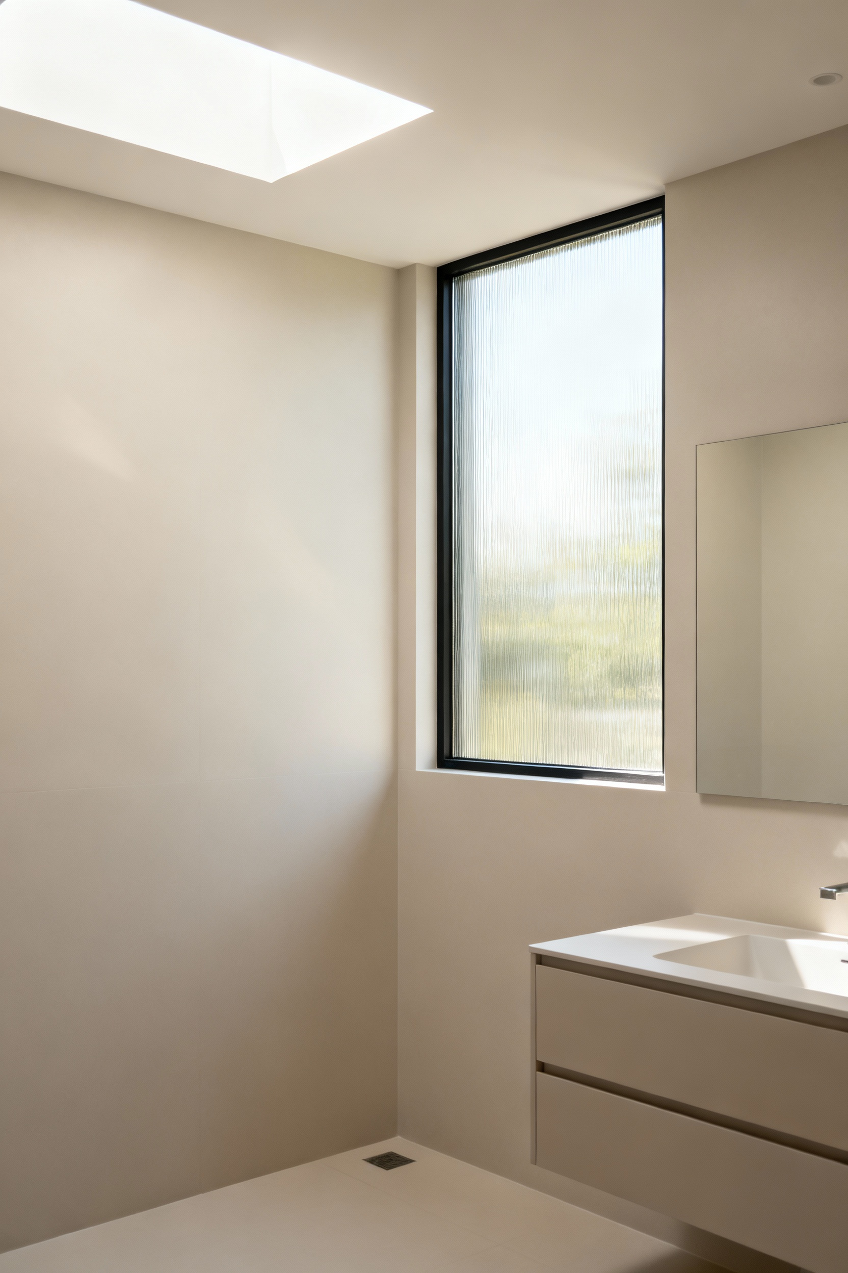 Bathroom with abundant natural light, large window, and skylight designed for circadian rhythm harmony, featuring light-colored finishes and serene ambiance.