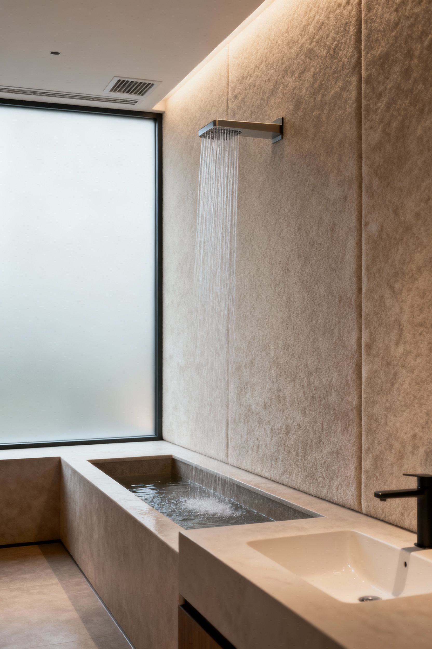 Luxurious modern bathroom interior with subtle soundproofing elements and an elegant, tranquil indoor laminar water feature, creating an atmosphere of deep aural serenity and relaxation.