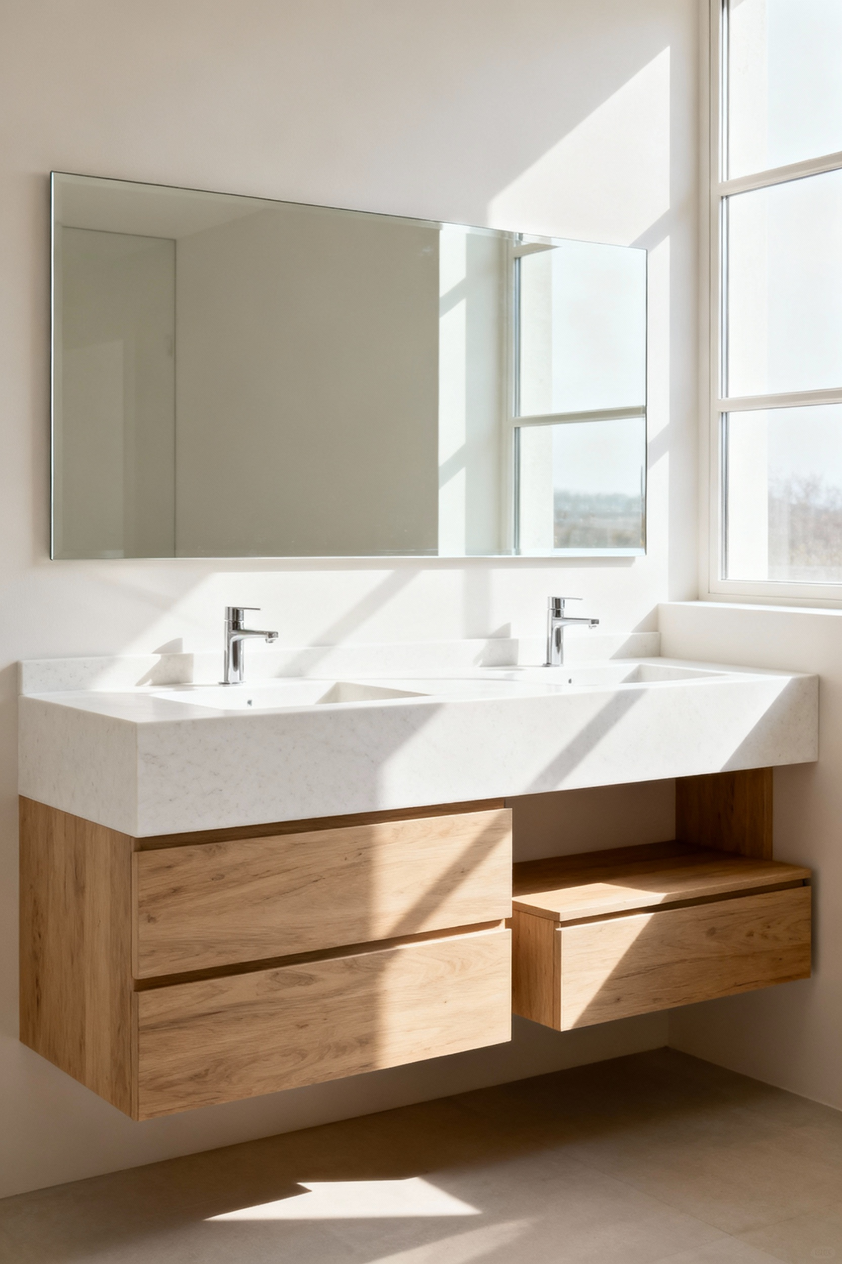 Modern bathroom with a sleek, ergonomically designed vanity at optimal height, featuring natural materials and soft daylight.