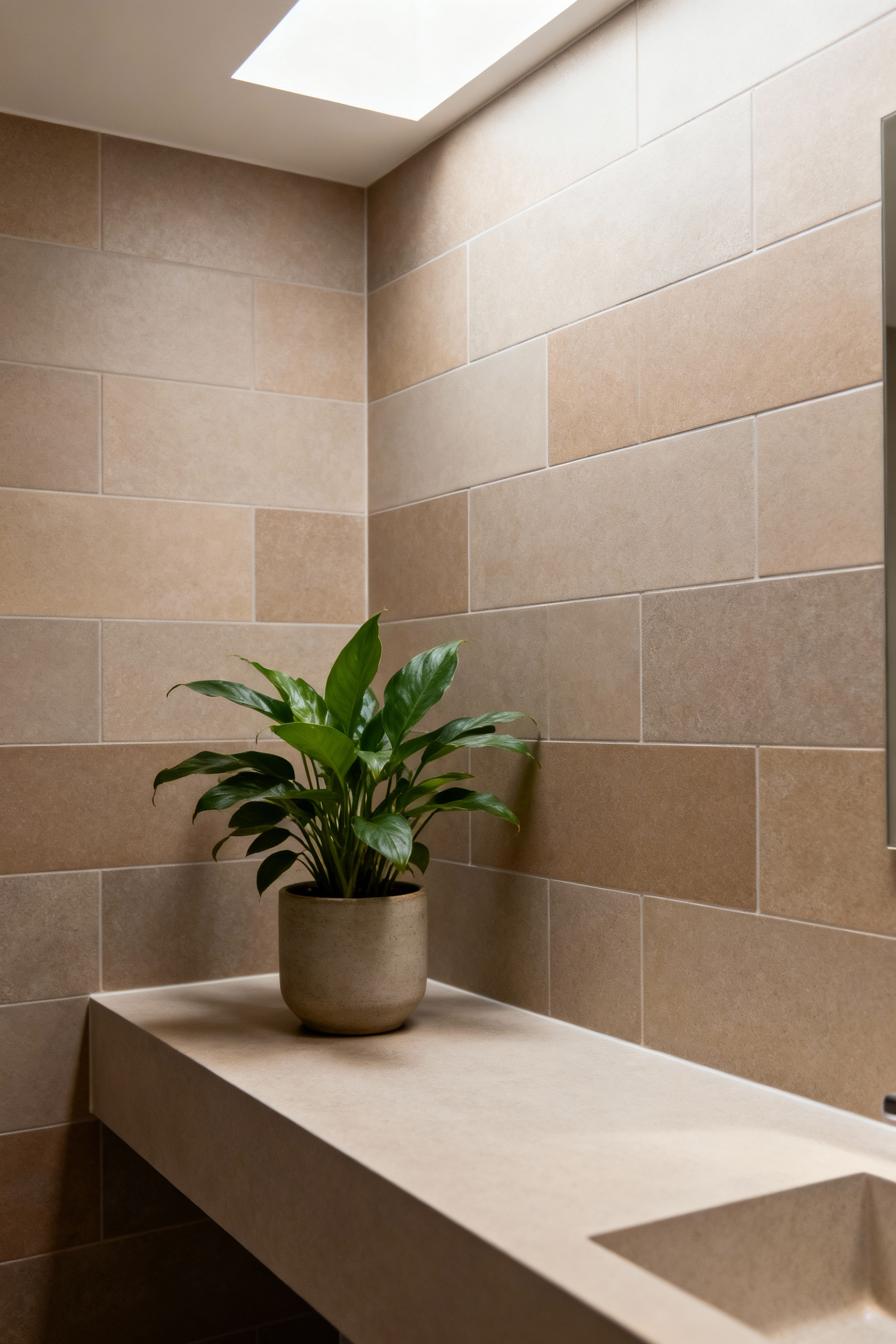 Portrait image of a serene bathroom with C2C certified tiles and countertops, featuring a plant for a natural touch.
