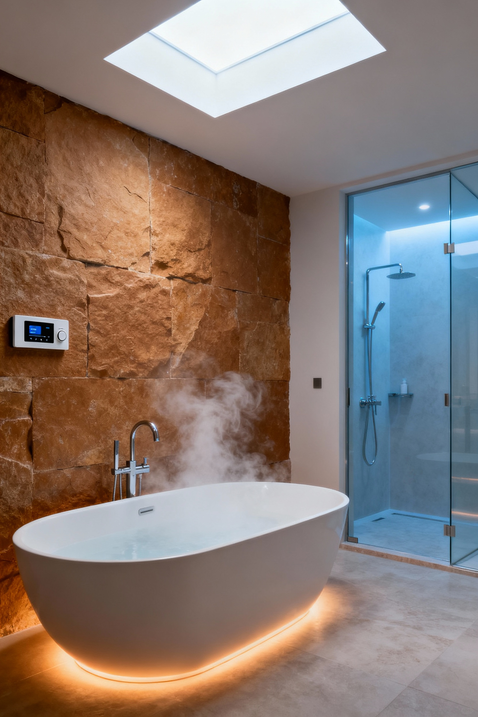 Modern bathroom with an integrated smart thermostat, showcasing personalized climatic zones and advanced thermostatic controls for enhanced comfort and well-being.