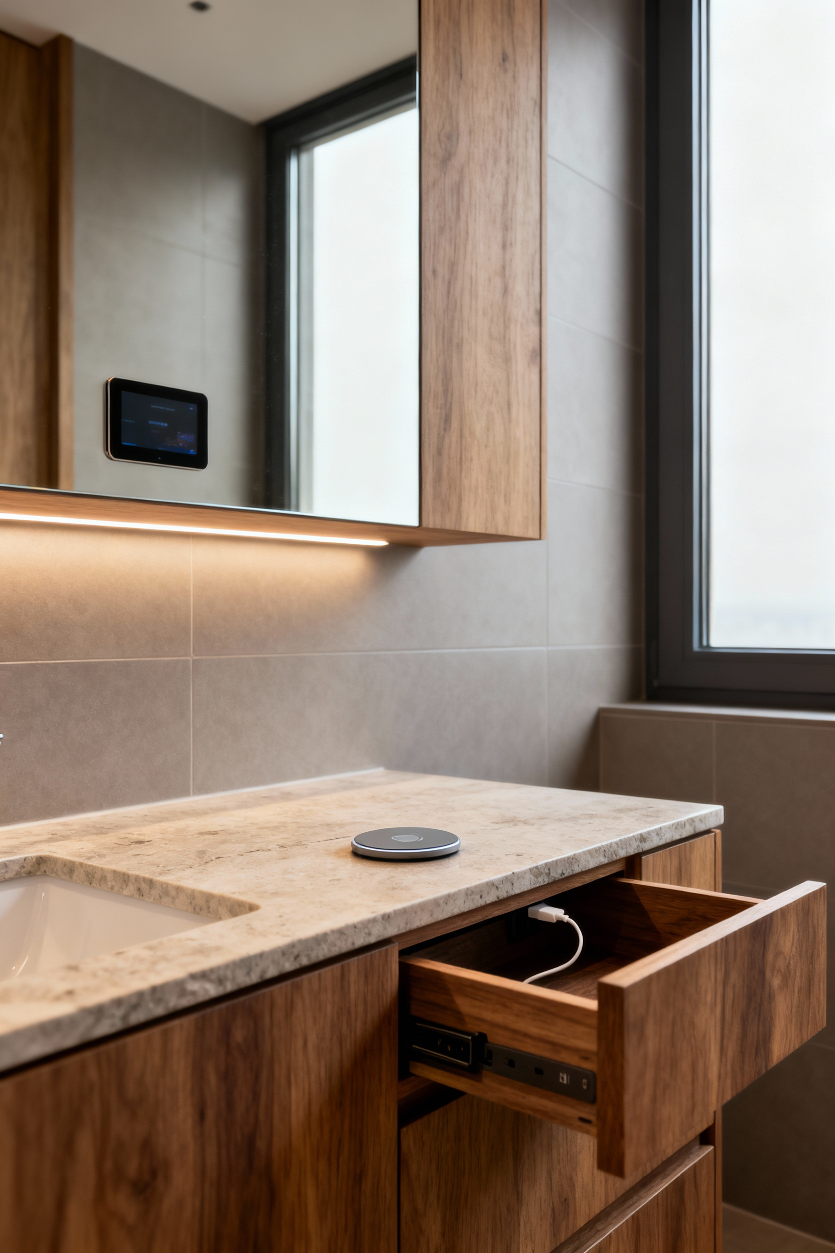 A sleek bathroom vanity with a hidden wireless charging pad integrated into a stone countertop and a smart mirror that appears as a plain mirror. Custom cabinetry and warm lighting create a serene digital detox zone.