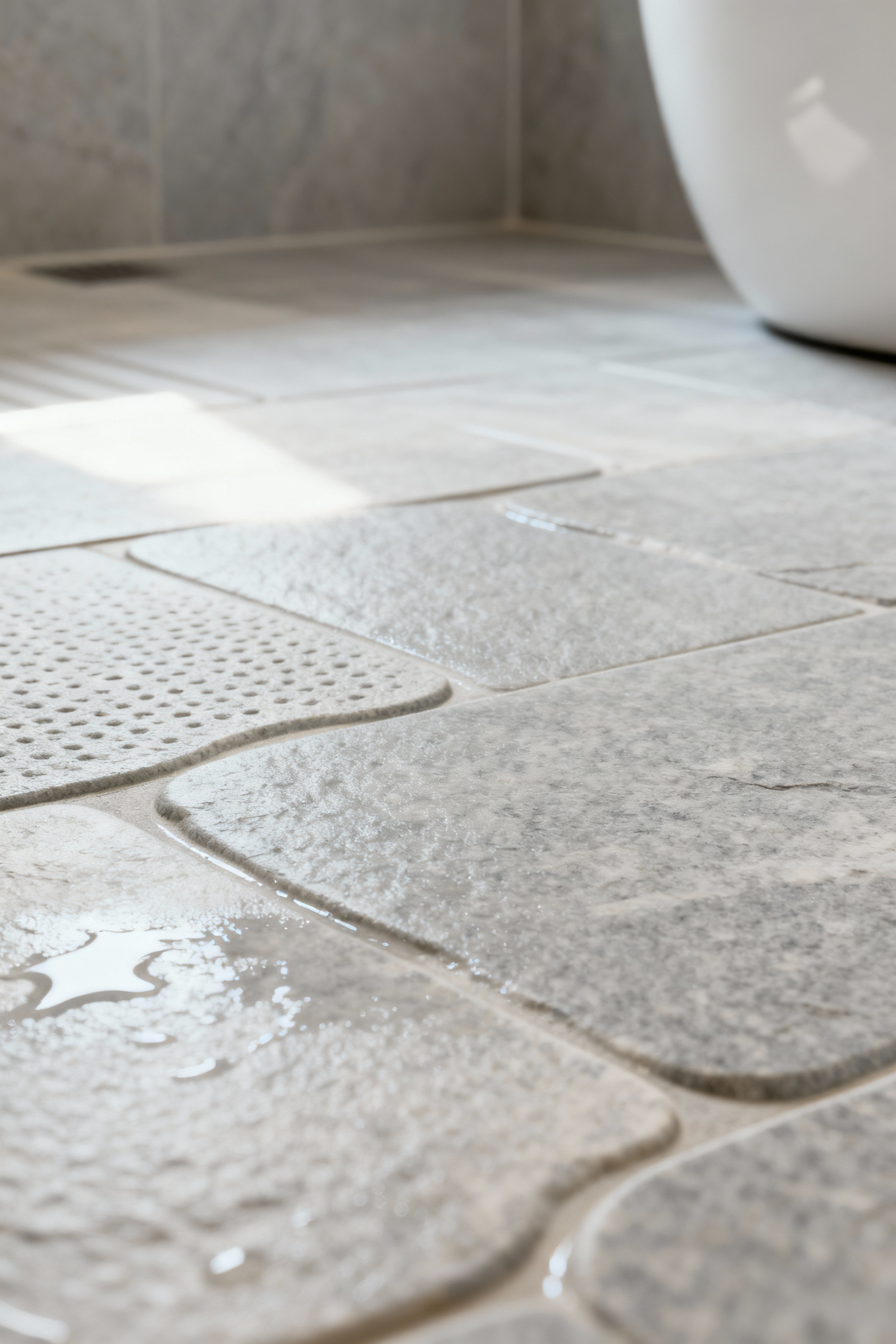 Modern bathroom featuring light grey natural stone non-slip textured flooring with a wet surface, emphasizing safety and sensory design.