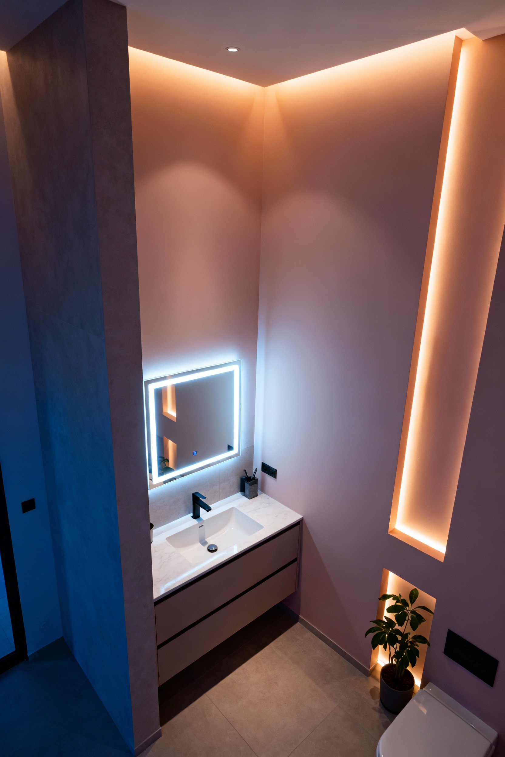 Modern bathroom featuring sophisticated zoned lighting, with bright task lights at the vanity, soft ambient light from ceiling coves, and subtle accent lights on decorative elements.