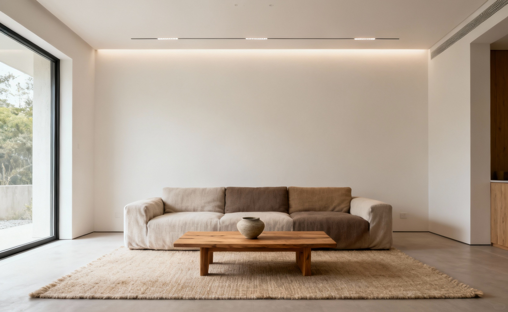 A modern living room designed with a 'slow living aesthetic,' featuring minimalist decor, natural wood furniture, organic cotton textiles, and abundant natural light creating a serene and decluttered atmosphere for presence and tranquility.