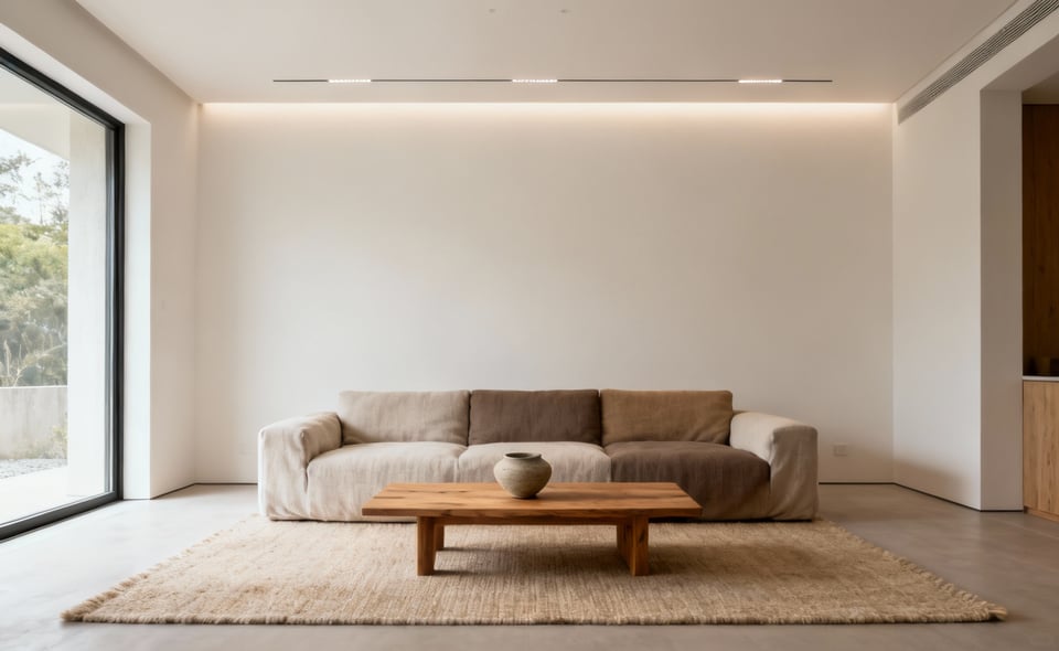 A modern living room designed with a 'slow living aesthetic,' featuring minimalist decor, natural wood furniture, organic cotton textiles, and abundant natural light creating a serene and decluttered atmosphere for presence and tranquility.