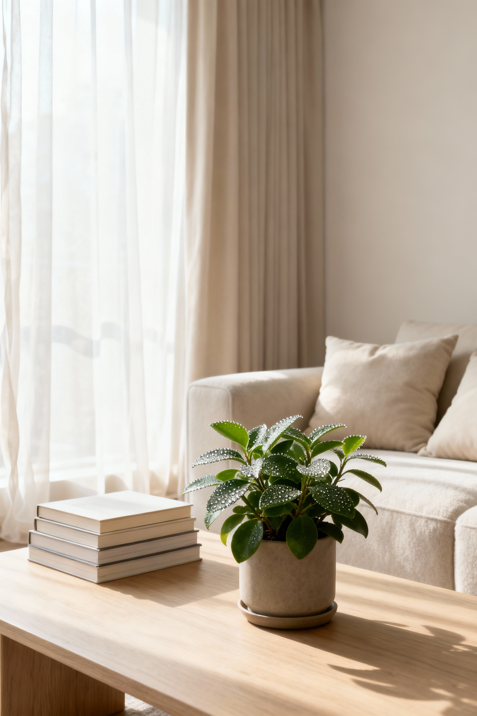 Modern living room, bathed in natural light, showcasing a tidy arrangement and healthy indoor plants, reflecting mindful maintenance rituals.