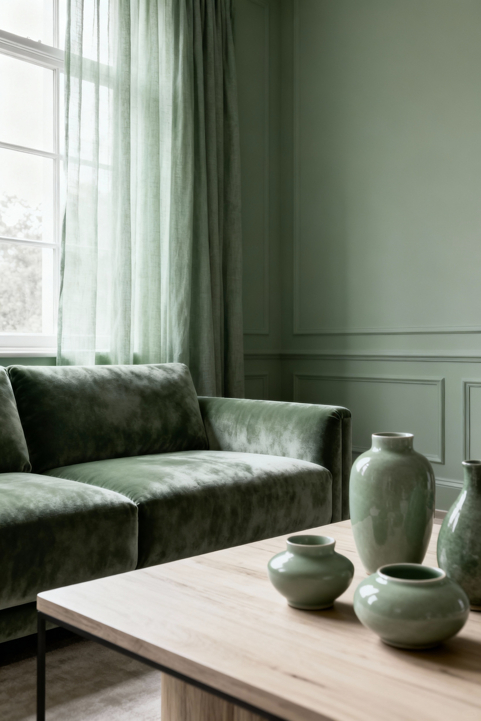 Modern monochromatic living room in sage green tones, showcasing layered textures, velvet sofa, linen curtains, and a wooden coffee table, conveying depth and sophistication.