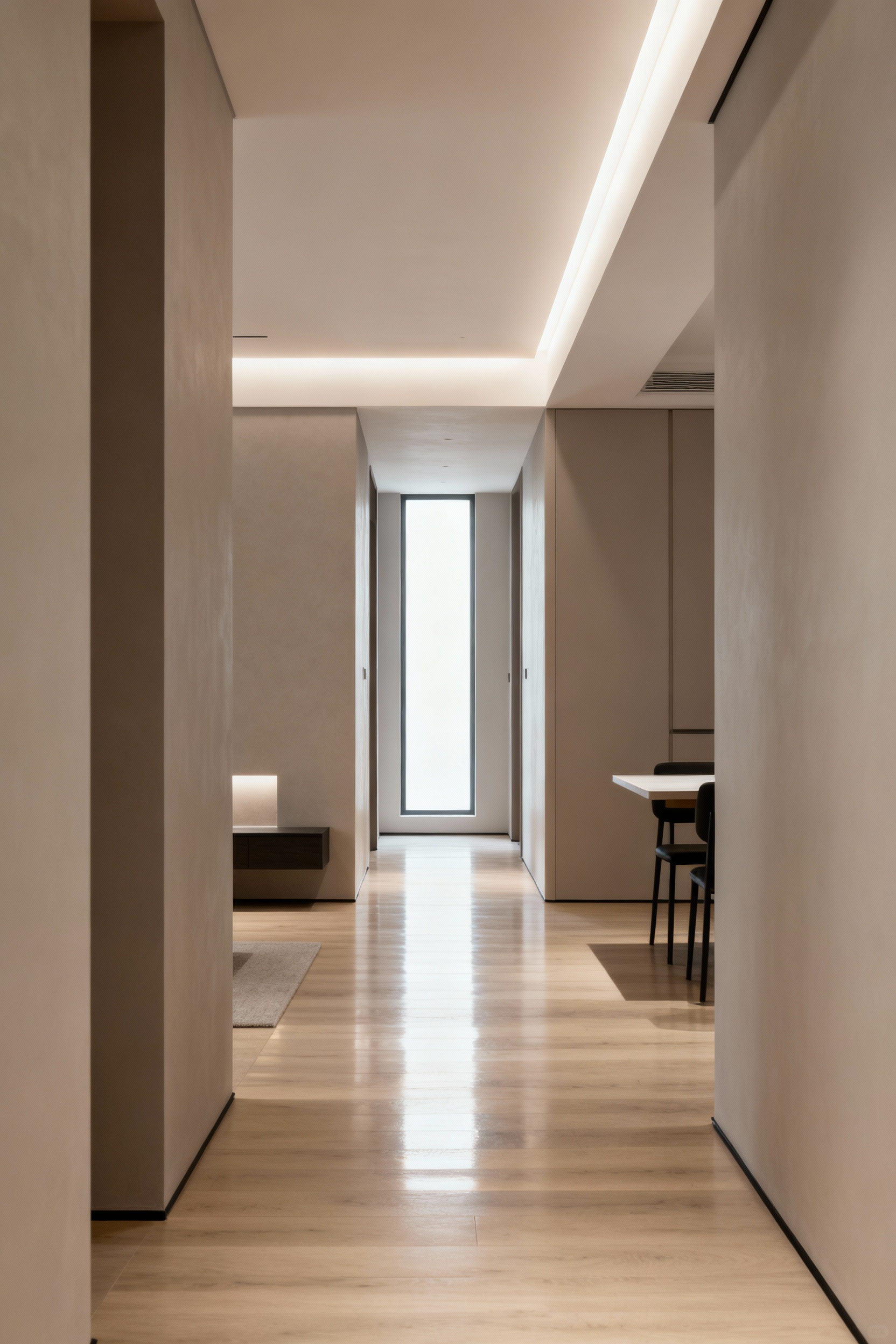 Modern living room with seamless transitional zones, continuous natural wood flooring, and integrated lighting creating uninterrupted visual flow.