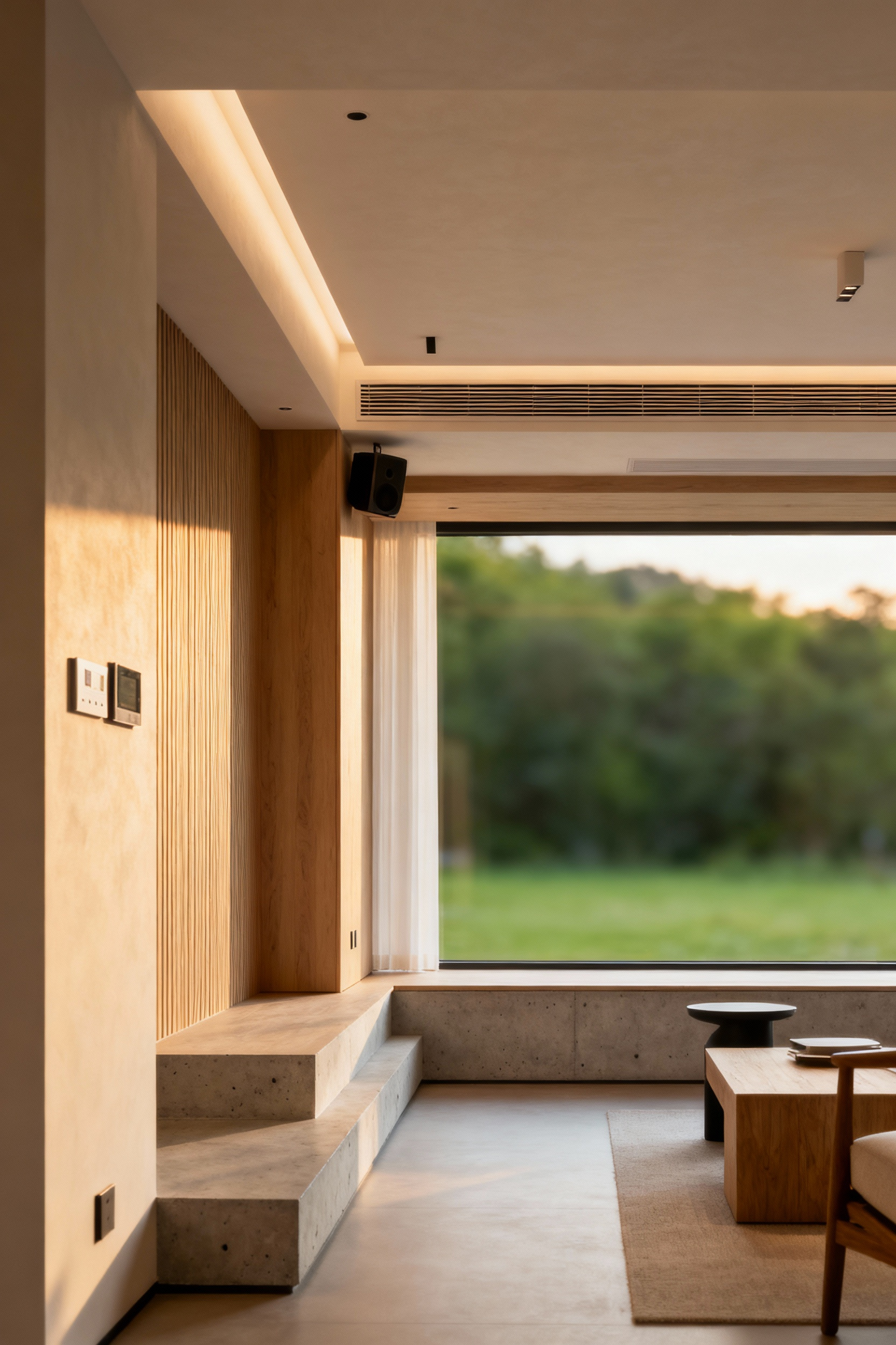 Modern living room with hidden technology, seamless integration for comfort, minimalist design, automated lighting, serene home environment.