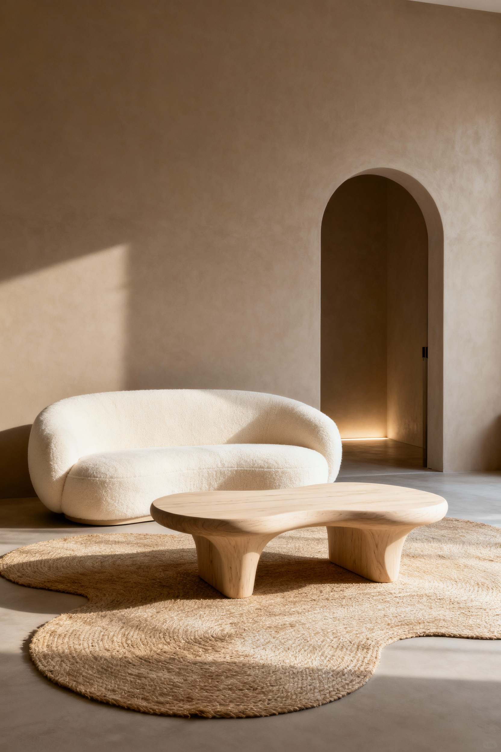 Modern living room featuring a cream biomorphic sofa and organic wood coffee table, with a softly arched doorway, illustrating biomorphic forms and organic resonance in interior design.