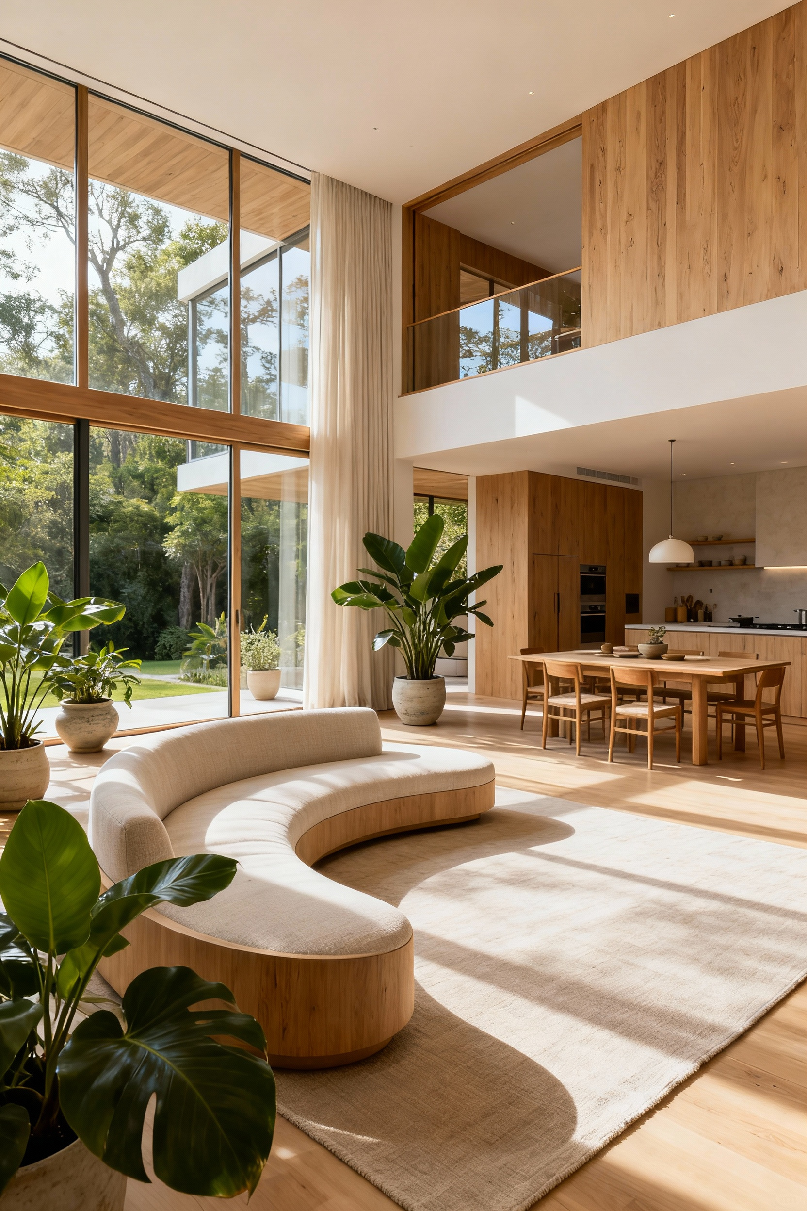 Modern open-plan living room with seamless transition, soft zoning, natural light, and fluid design principles.