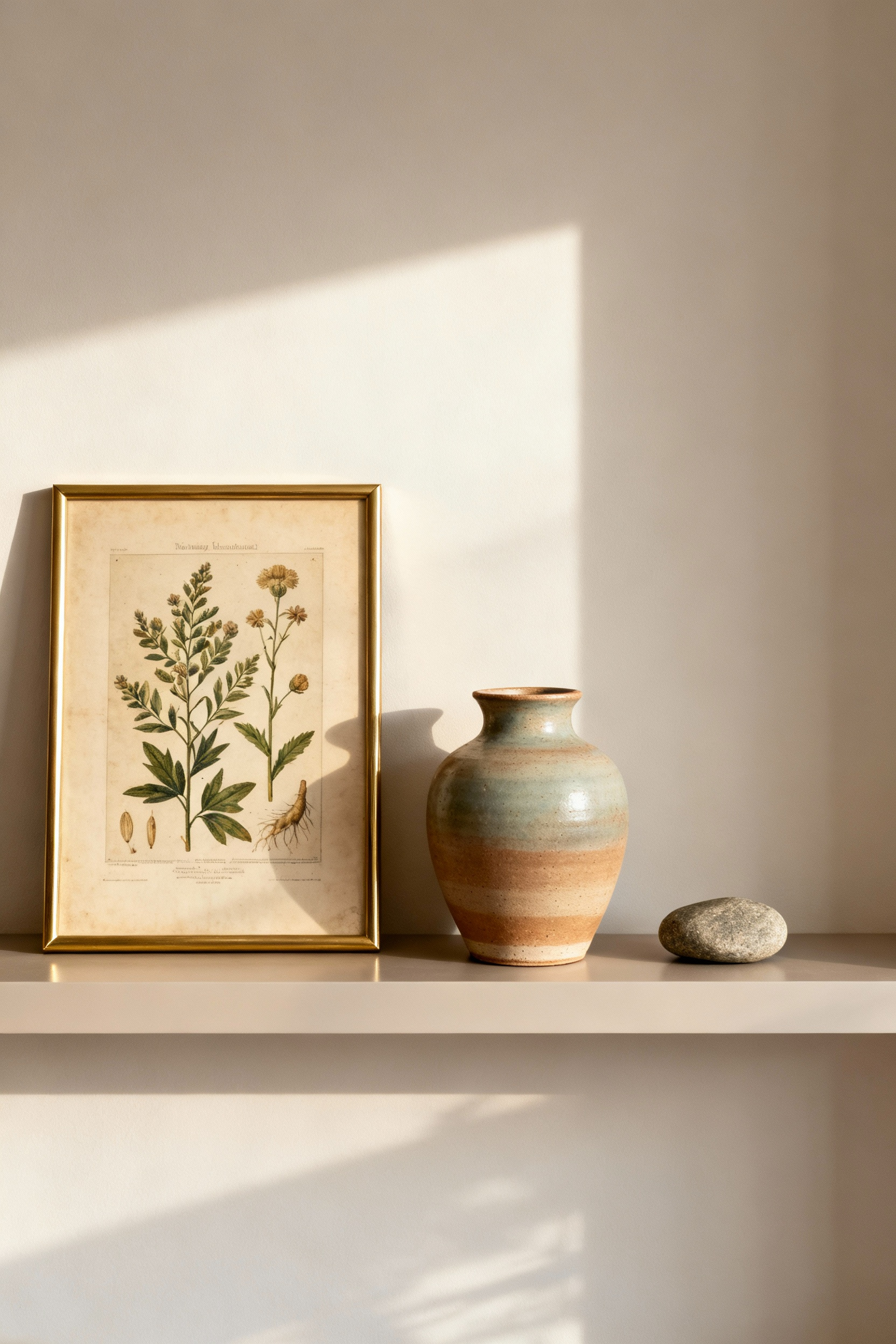 Modern living room featuring a carefully curated display of meaningful objects on floating shelves, including an antique botanical print and ceramic vase, showcasing personal narrative curation in design.