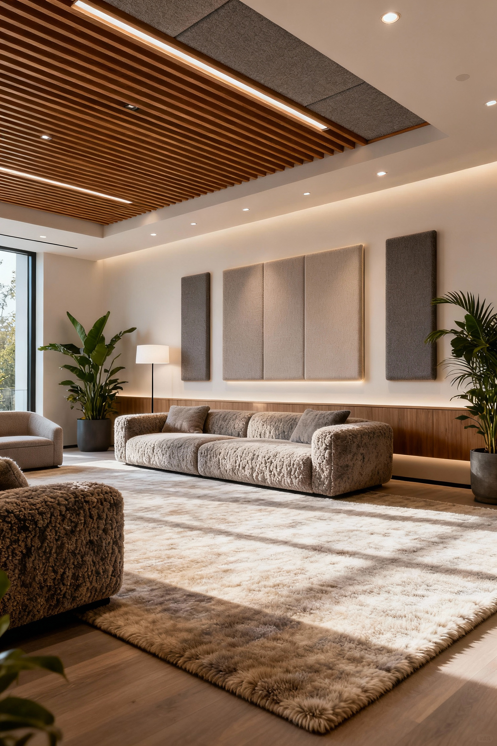 Modern living room designed for acoustic comfort, featuring a large wool rug, upholstered furniture, acoustic wall panels, wood-slatted ceiling, and large indoor plants, all contributing to a quiet, serene environment.