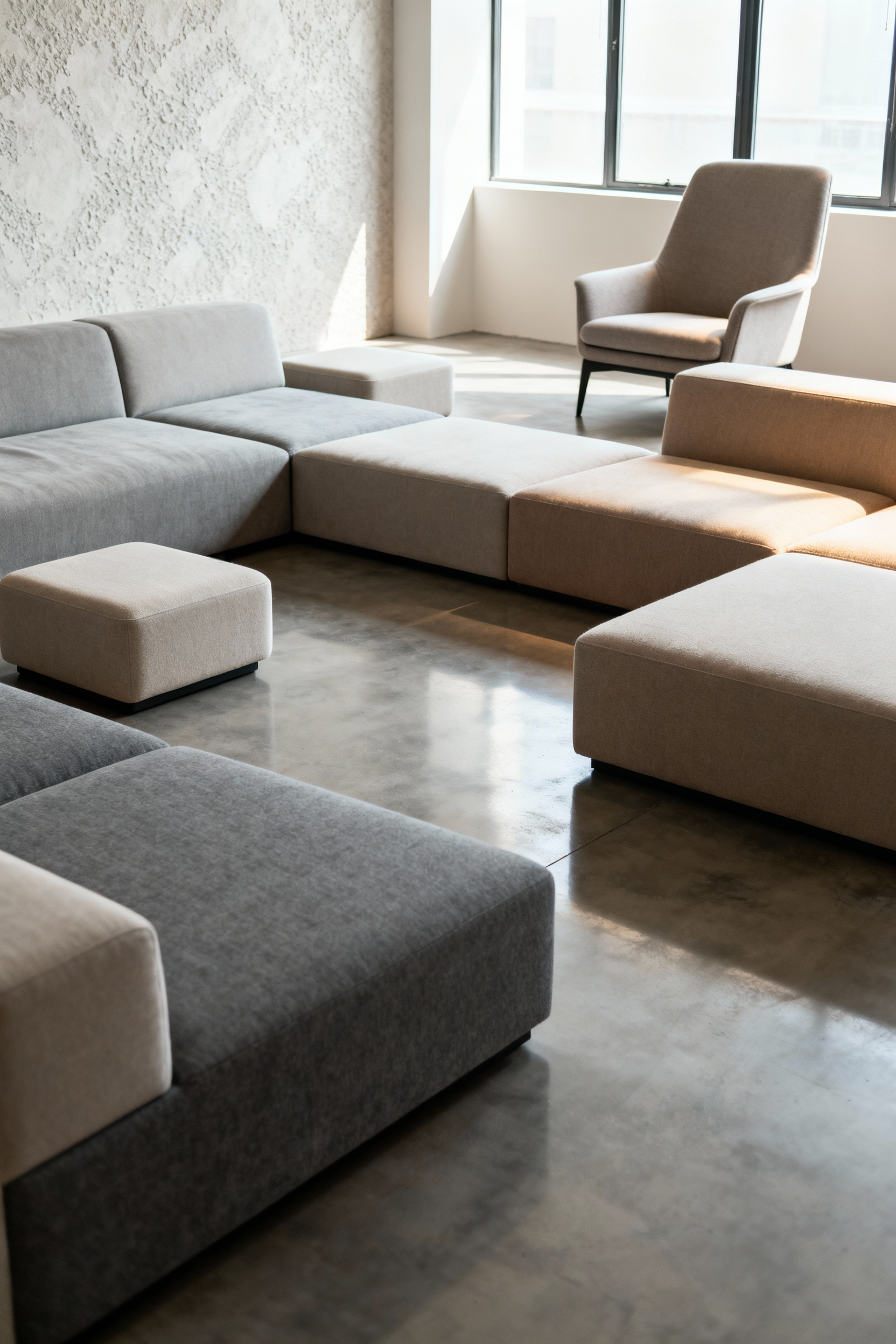 Modern living room with modular flexible seating, including sectional sofas, ottomans, and armchairs, arranged for diverse gatherings and spatial fluidity.