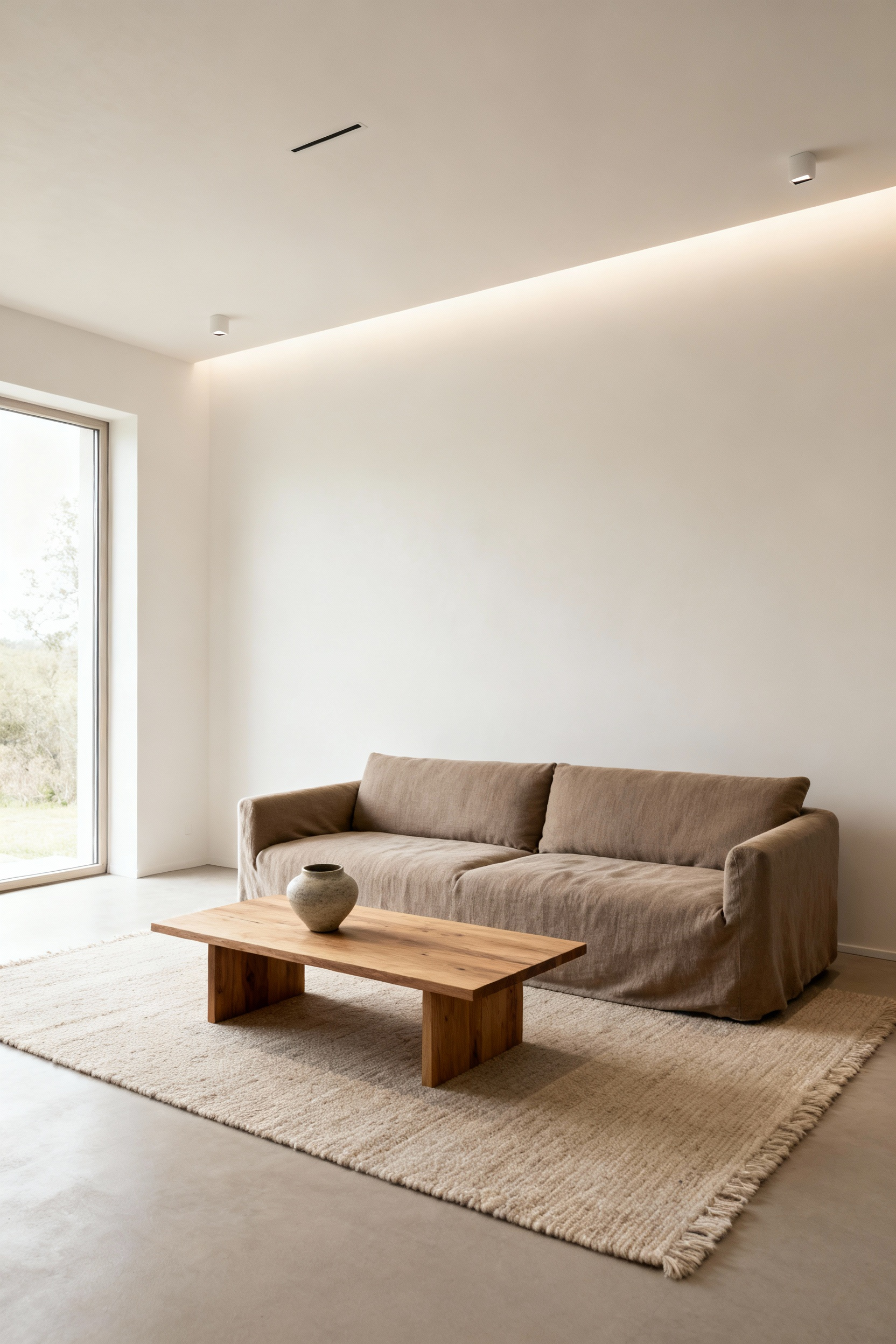 A modern living room designed with a 'slow living aesthetic,' featuring minimalist decor, natural wood furniture, organic cotton textiles, and abundant natural light creating a serene and decluttered atmosphere for presence and tranquility.