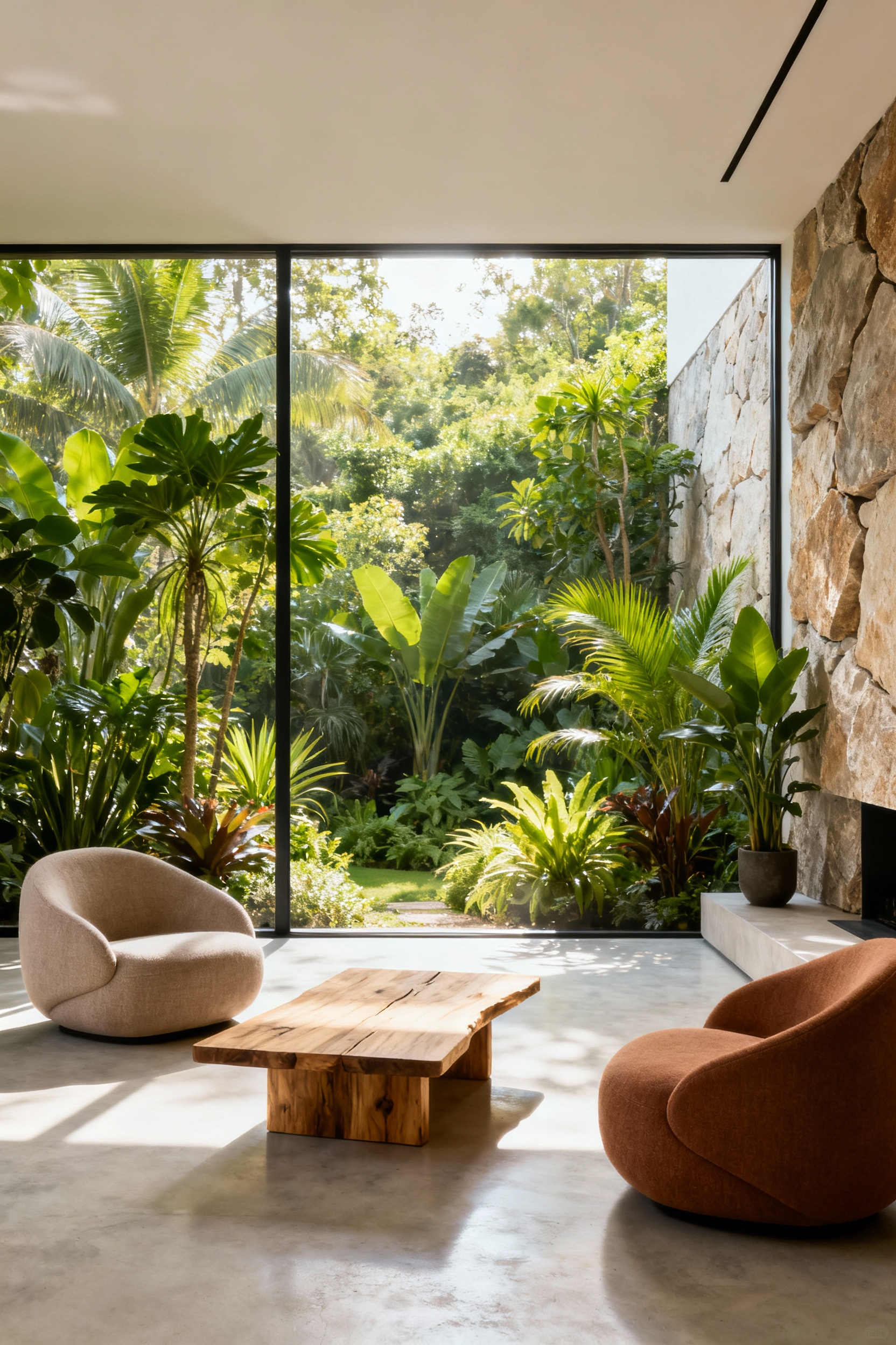 Modern biophilic living room with abundant natural light, lush indoor plants, a raw wood coffee table, stone textures on a feature wall, and soft linen upholstery, showcasing a deep connection to nature for enhanced serenity.