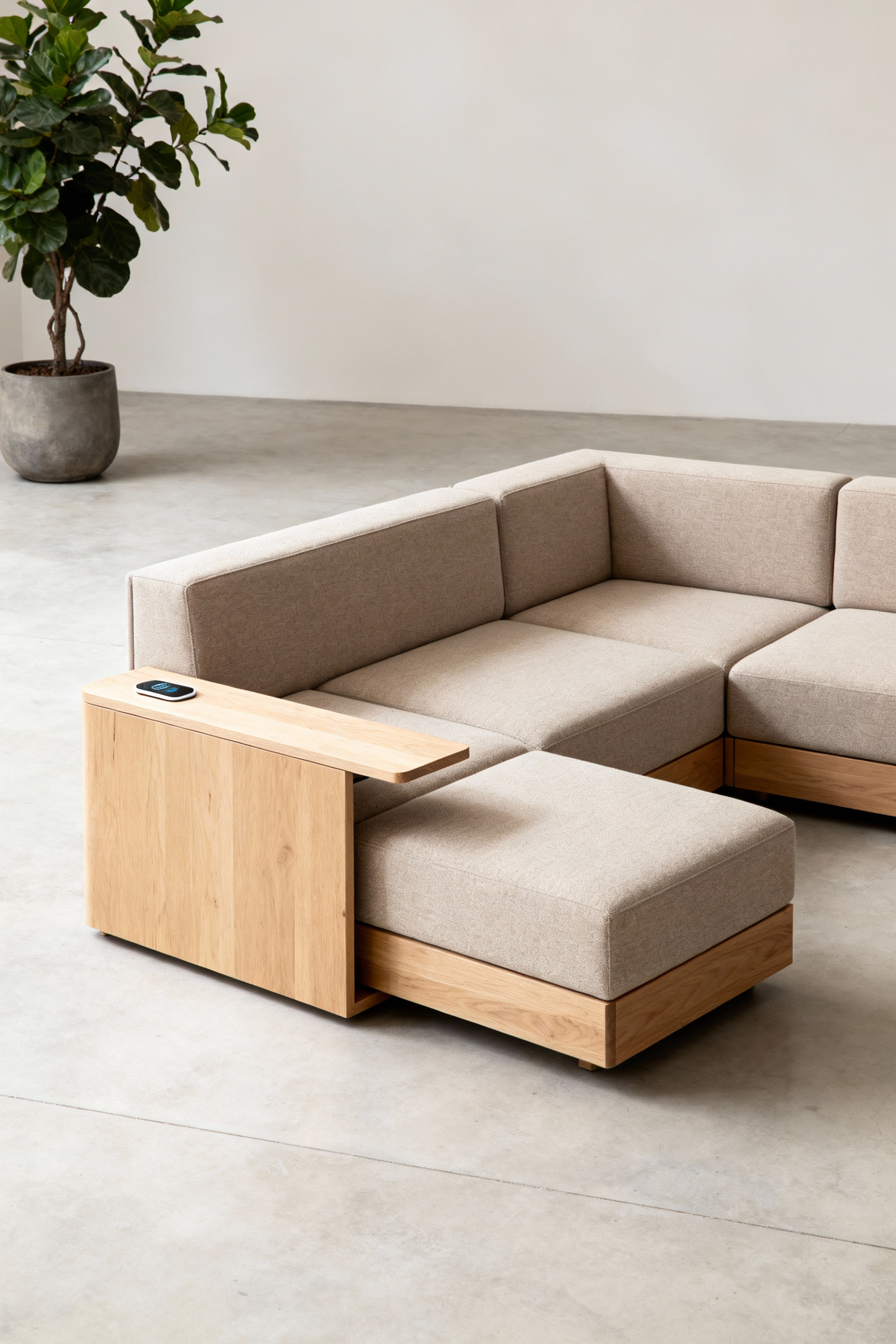 Modern living room with a sleek, versatile multi-functional sofa system made of light wood and neutral fabric, enhancing spatial efficiency and adaptability in a minimalist interior.