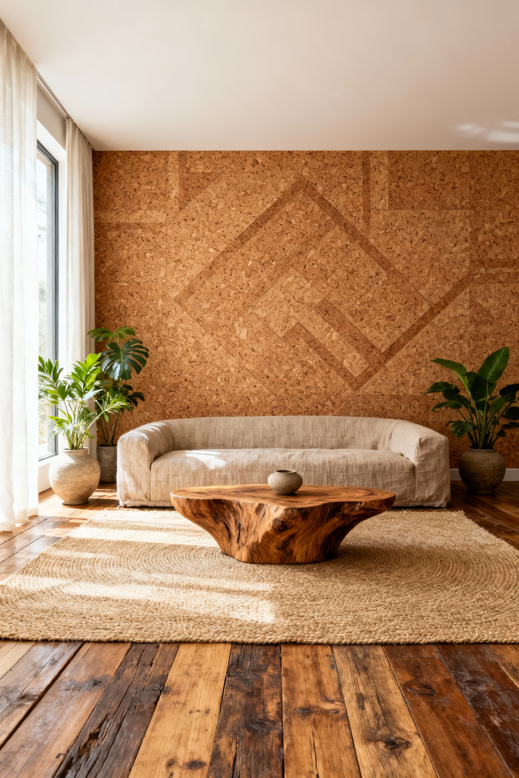 Modern living room interior with reclaimed wood flooring, cork wall, organic linen sofa, jute rug, and responsibly harvested wood coffee table, showcasing sustainable materials.