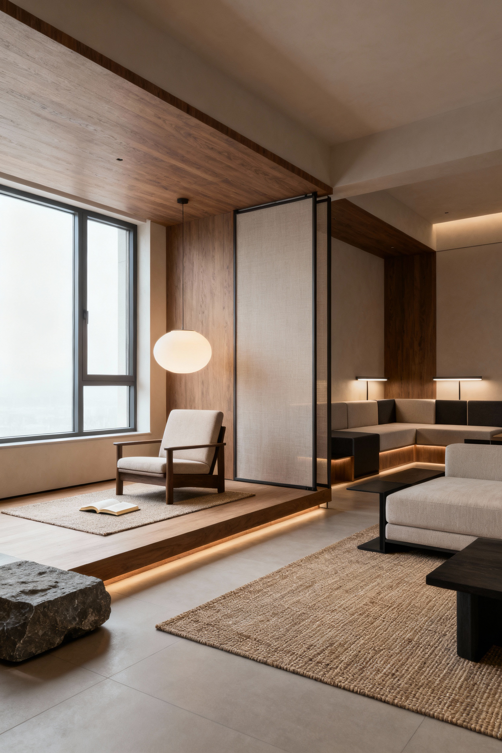 Modern living room partitioned into distinct micro-environments, featuring modular furniture, movable screen, ambient lighting, and biophilic elements, optimizing space for different activities.