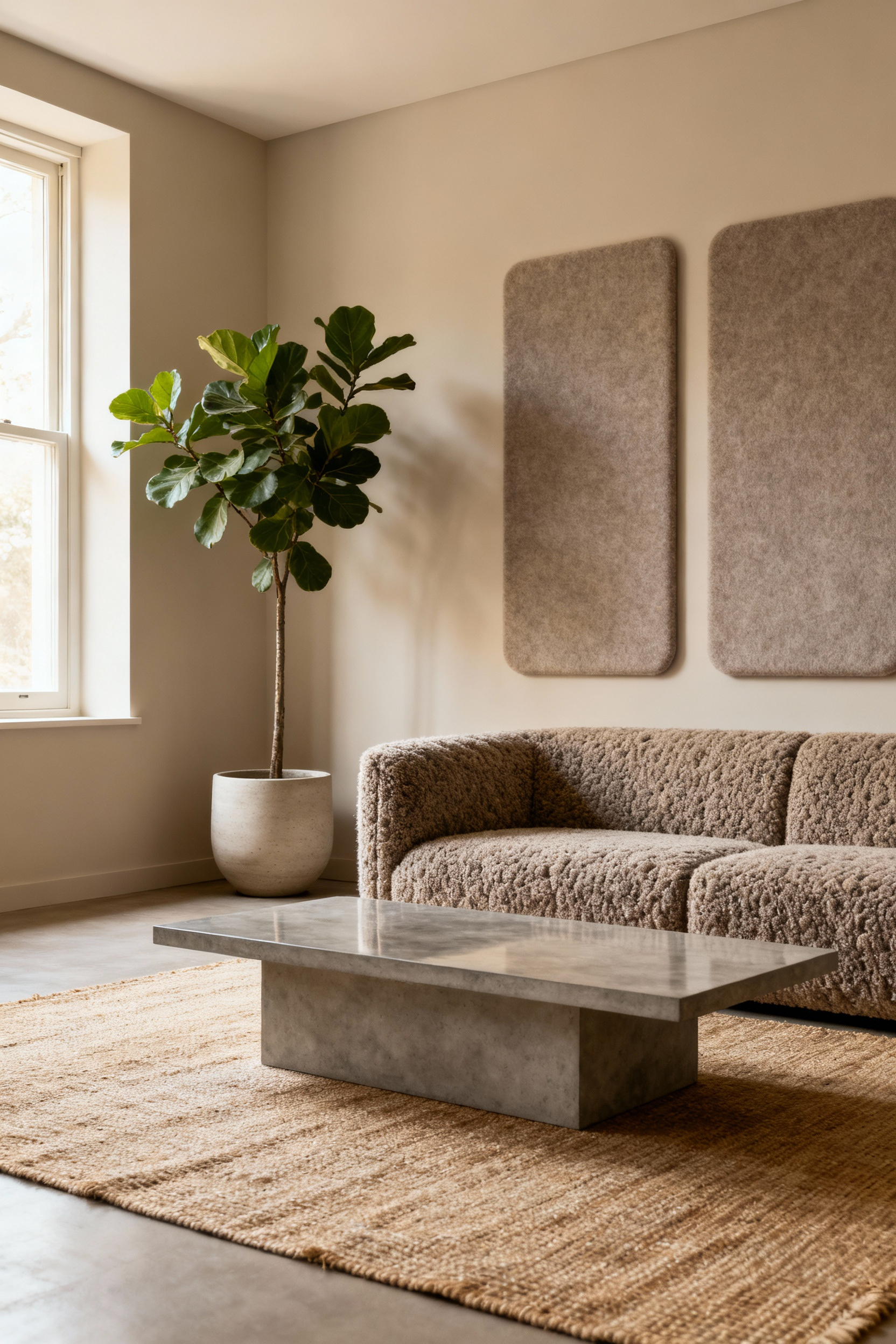 Modern living room designed for multi-sensory experiences, featuring a textured sofa, acoustic wall panels, a natural green plant, and soft lighting, emphasizing tactile, auditory, and olfactory elements.