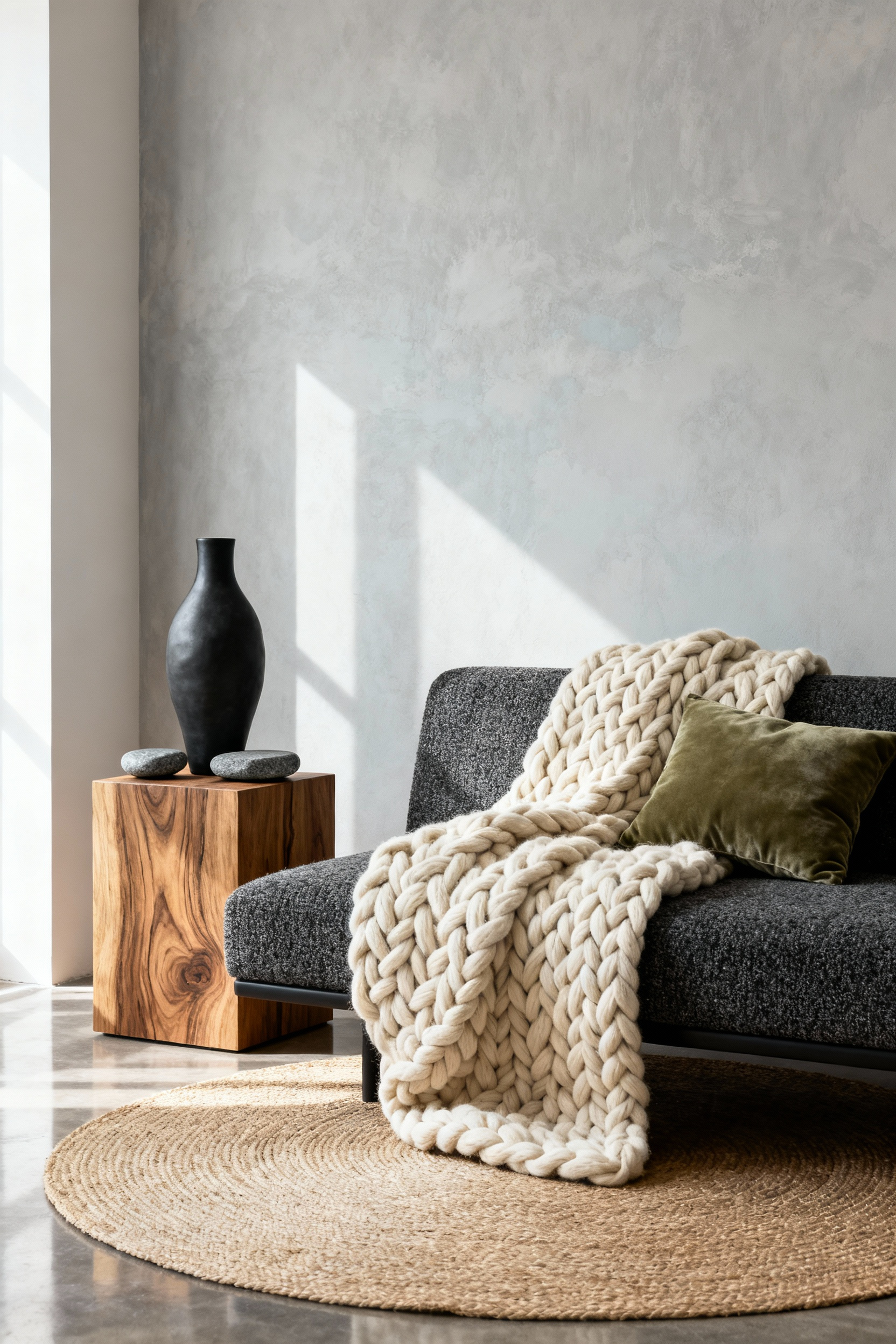Modern living room showcasing layered textures, with a bouclé sofa, wool throw, oak table, ceramic vase, and jute rug on concrete flooring.