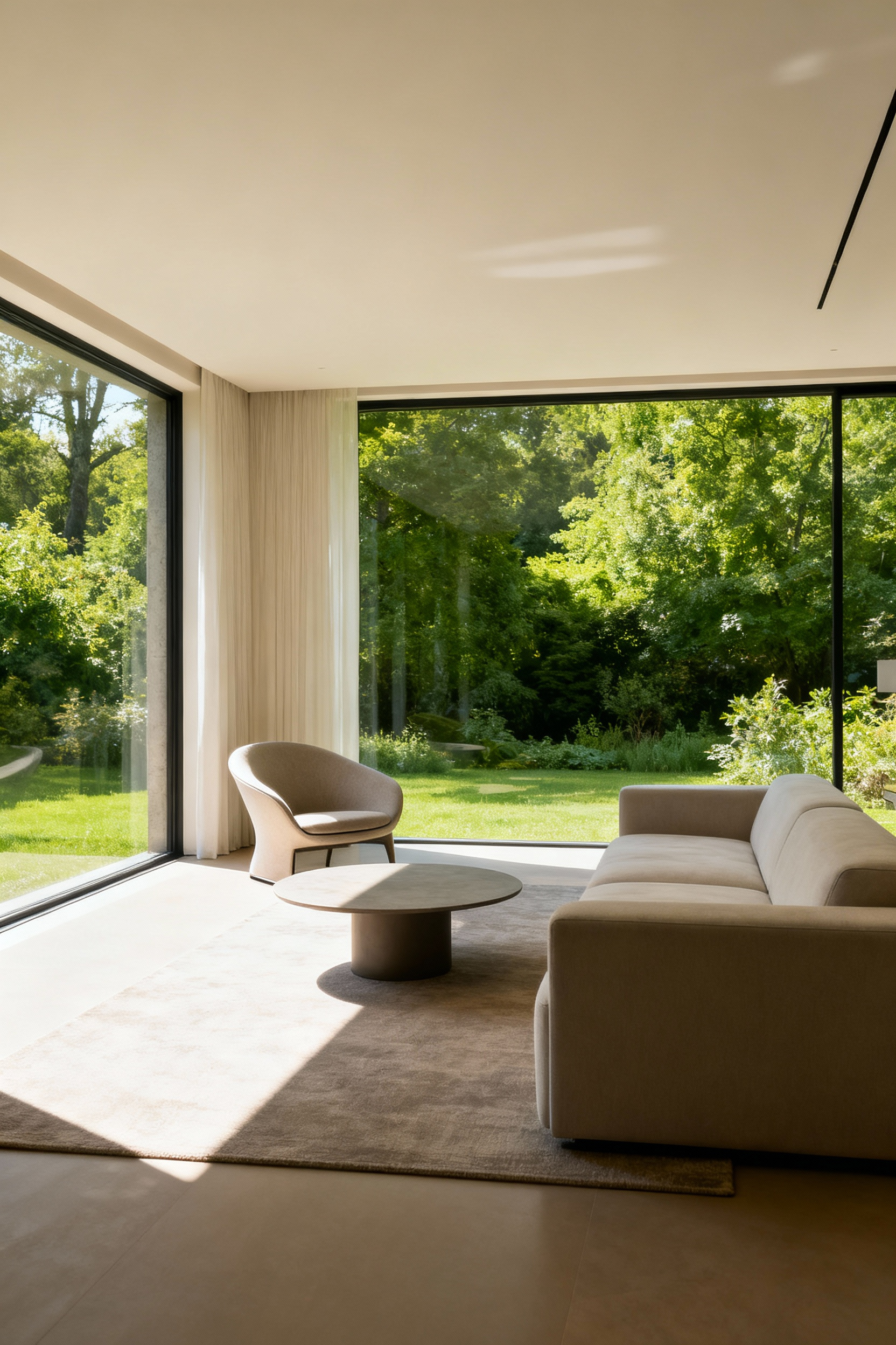 Modern living room with optimized layout, clear pathways, distinct zones, natural light, serene interior, enhancing energetic flow.