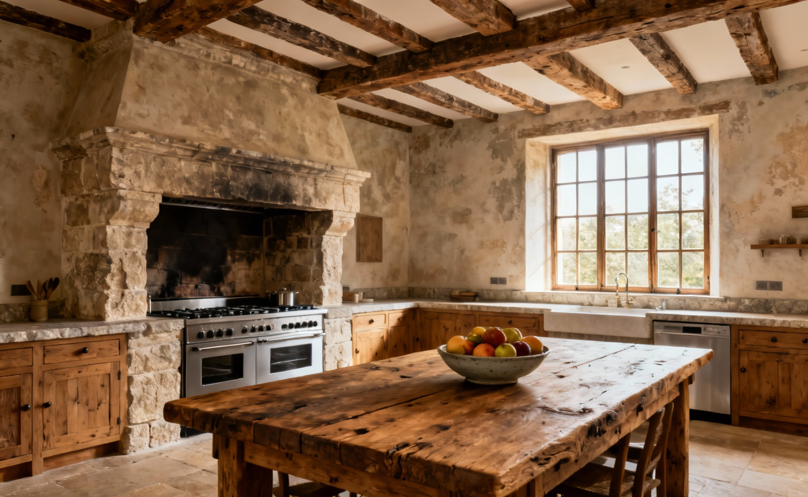 A professional photo of a historically sensitive kitchen design featuring reclaimed wood beams, natural stone countertops, and a modern range seamlessly integrated into an old stone hearth, reflecting architectural provenance and continuity.