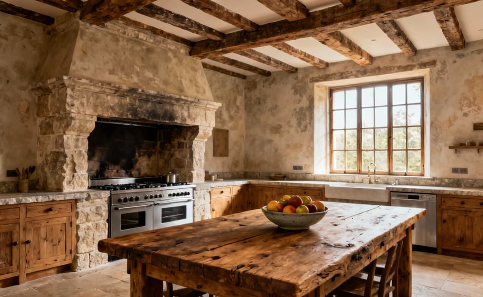 A professional photo of a historically sensitive kitchen design featuring reclaimed wood beams, natural stone countertops, and a modern range seamlessly integrated into an old stone hearth, reflecting architectural provenance and continuity.