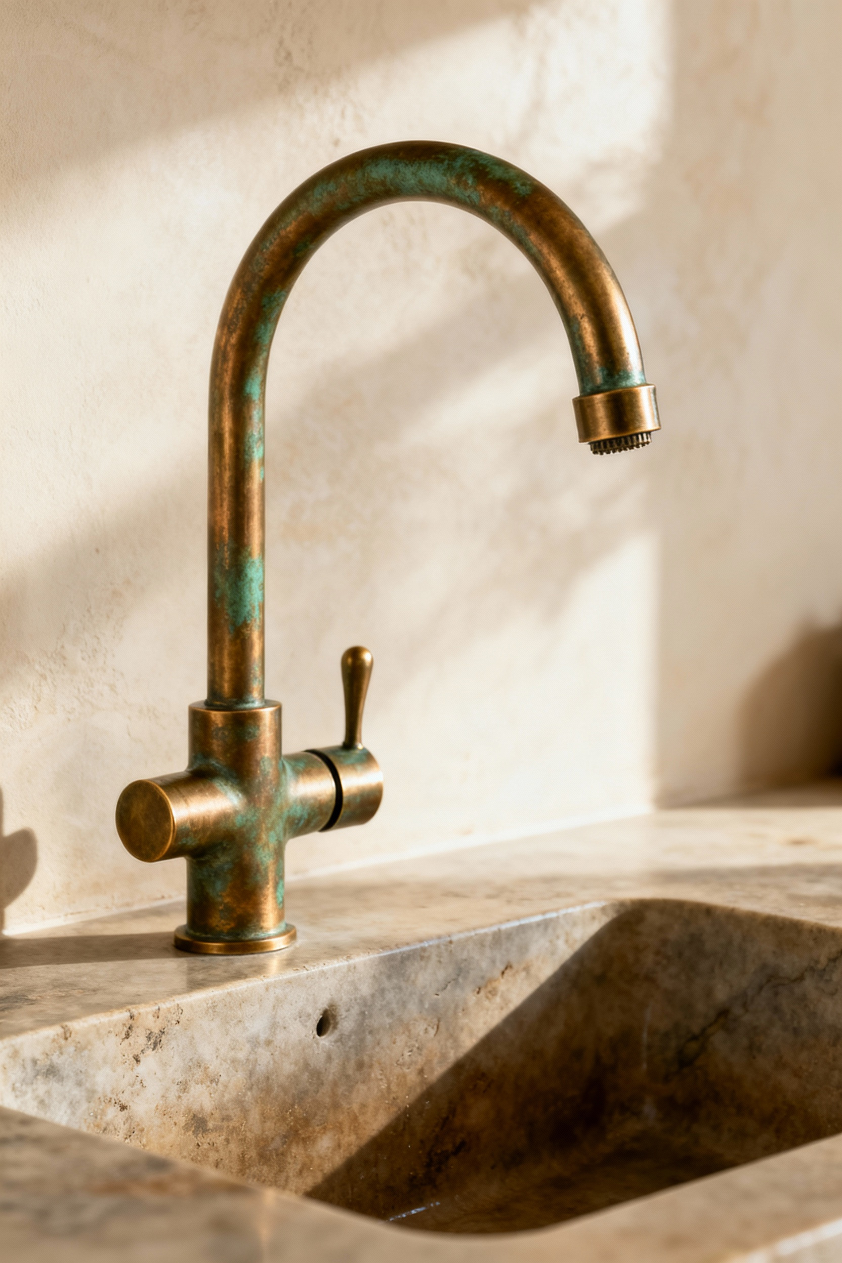 Patinated unlacquered brass faucet and soapstone sink in a rustic kitchen, showing natural aging and evolving beauty. A design element fostering lived history.