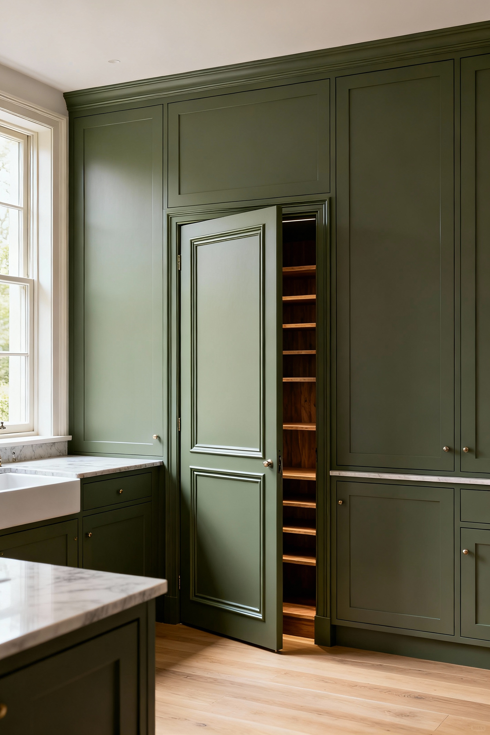 Hidden kitchen pantry integrated seamlessly into bespoke sage green cabinetry, showcasing intelligent storage modalities.