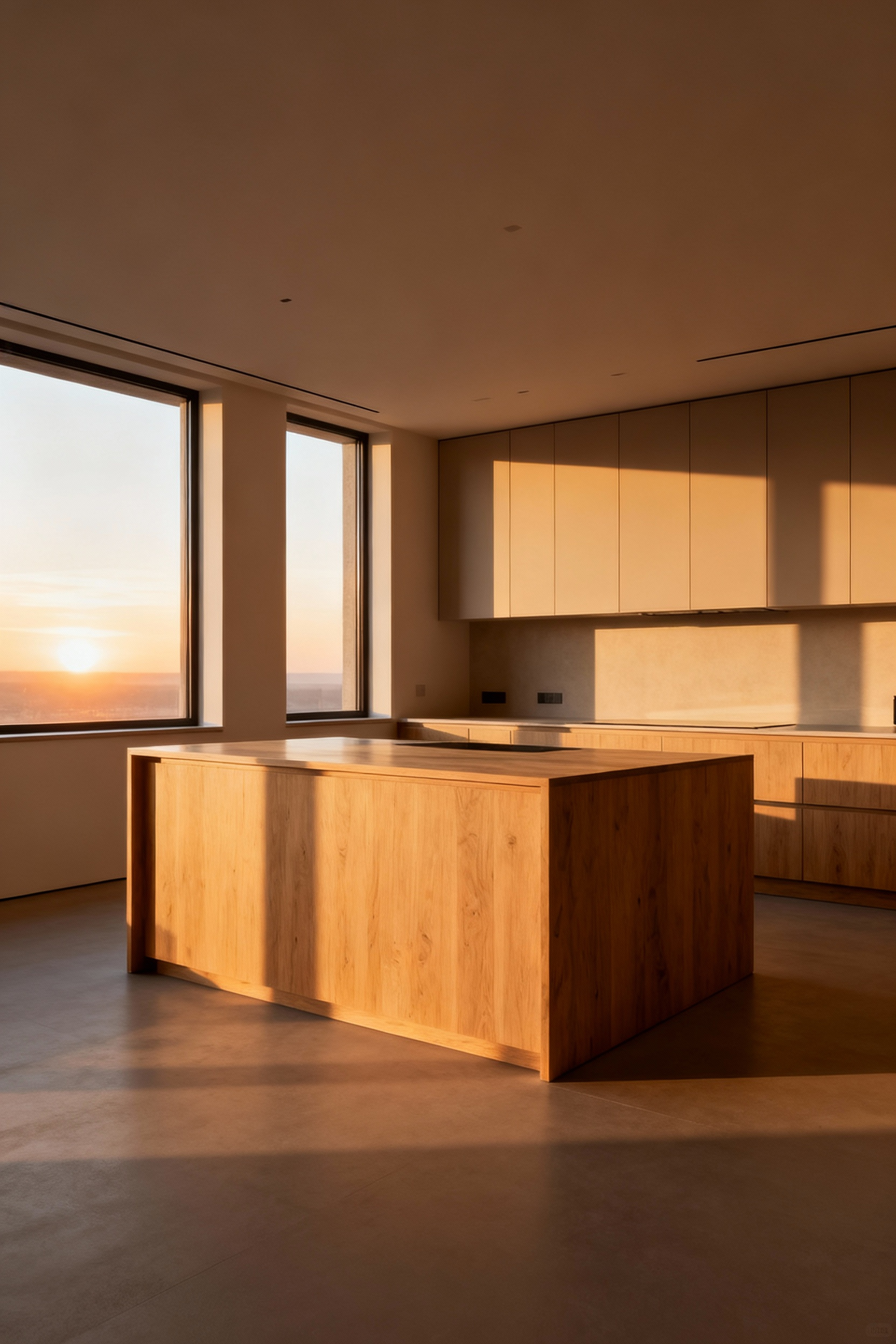 Modern kitchen interior demonstrating proportional harmony with perfectly scaled cabinetry, a balanced island, and well-sized windows under soft morning light.