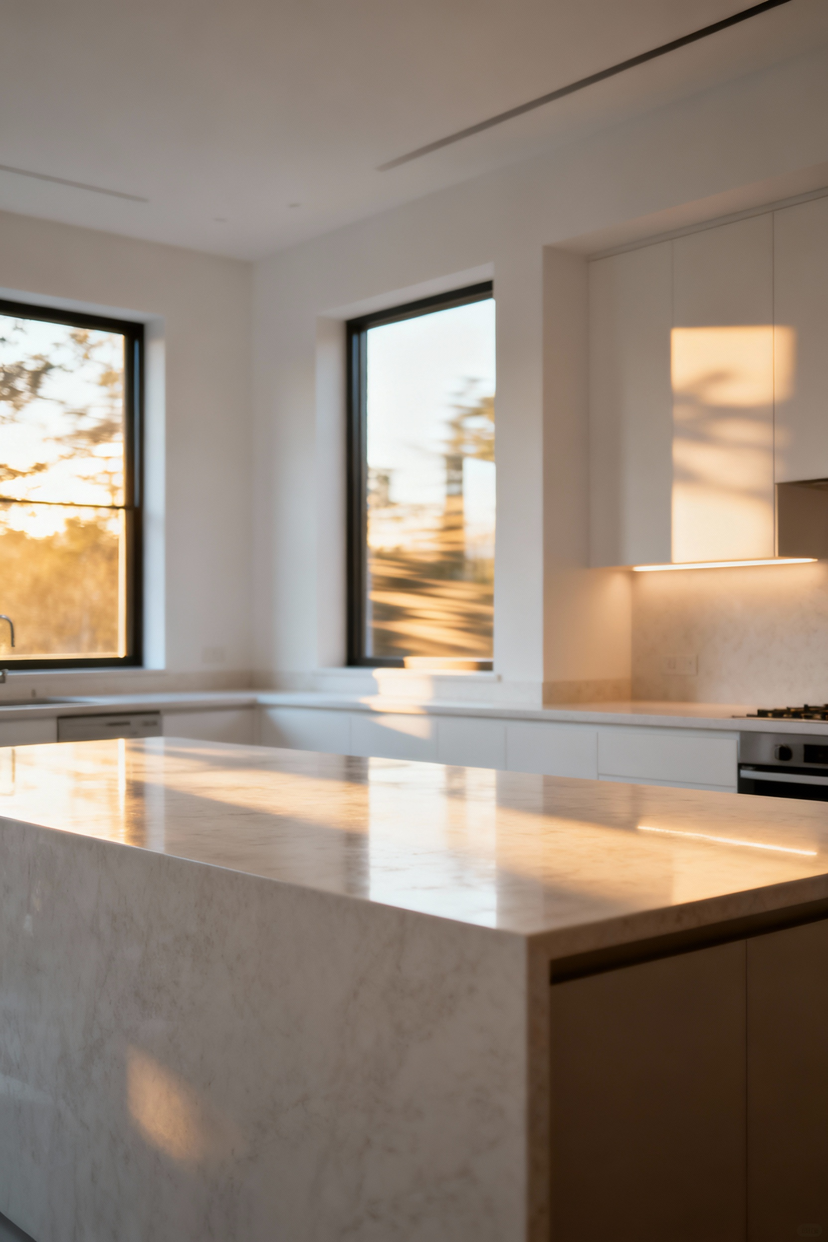 Bright, naturally lit kitchen with large windows and light, reflective surfaces, showcasing excellent daylight integration and a calm ambiance. A view of an elegant kitchen designed for optimal natural light.