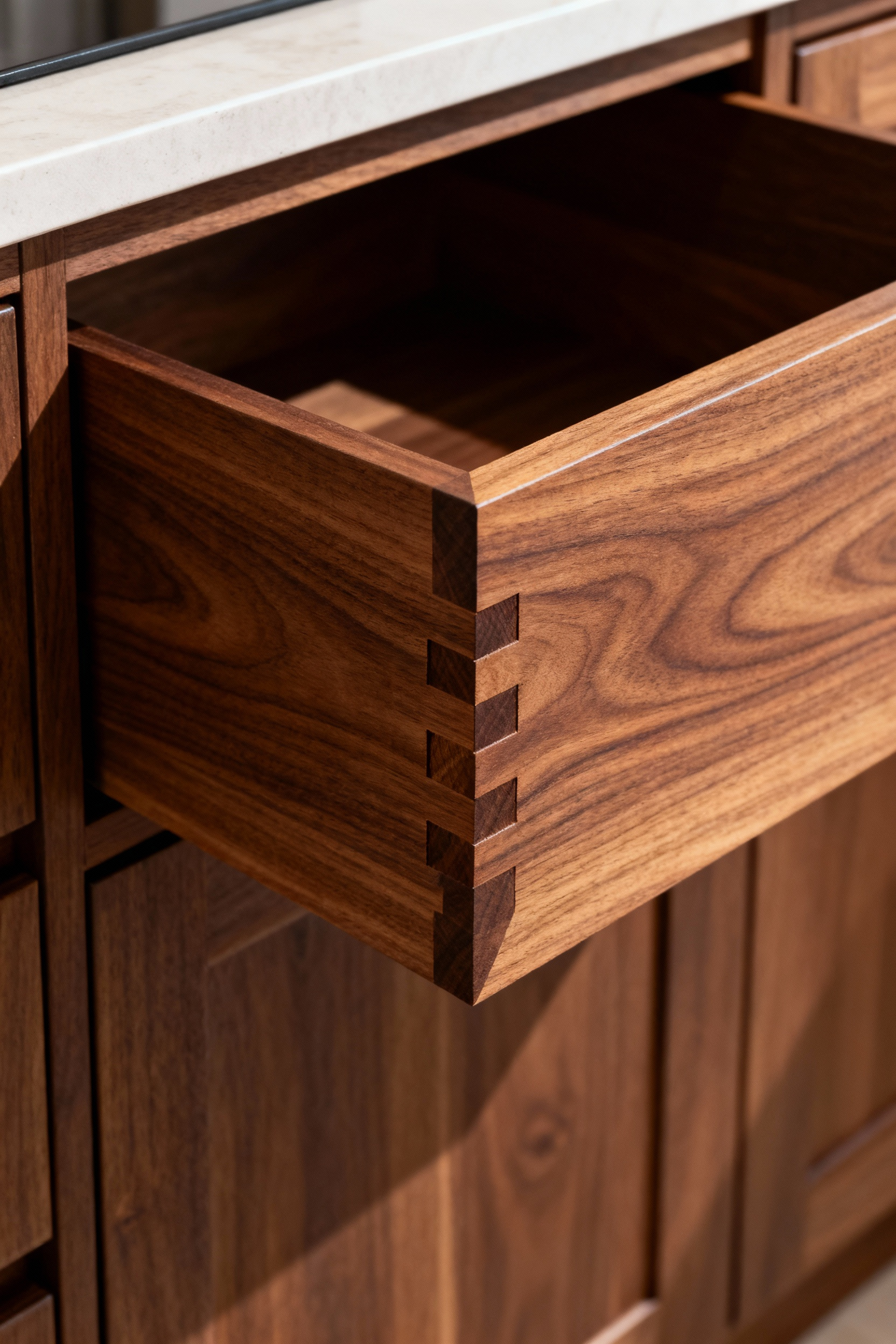 Detailed close-up of a bespoke kitchen cabinet made from rich, solid walnut wood, featuring visible, precisely cut through-dovetail joinery on an open drawer box, showcasing traditional craftsmanship and enduring construction. The wood grain is prominent under soft, professional lighting.