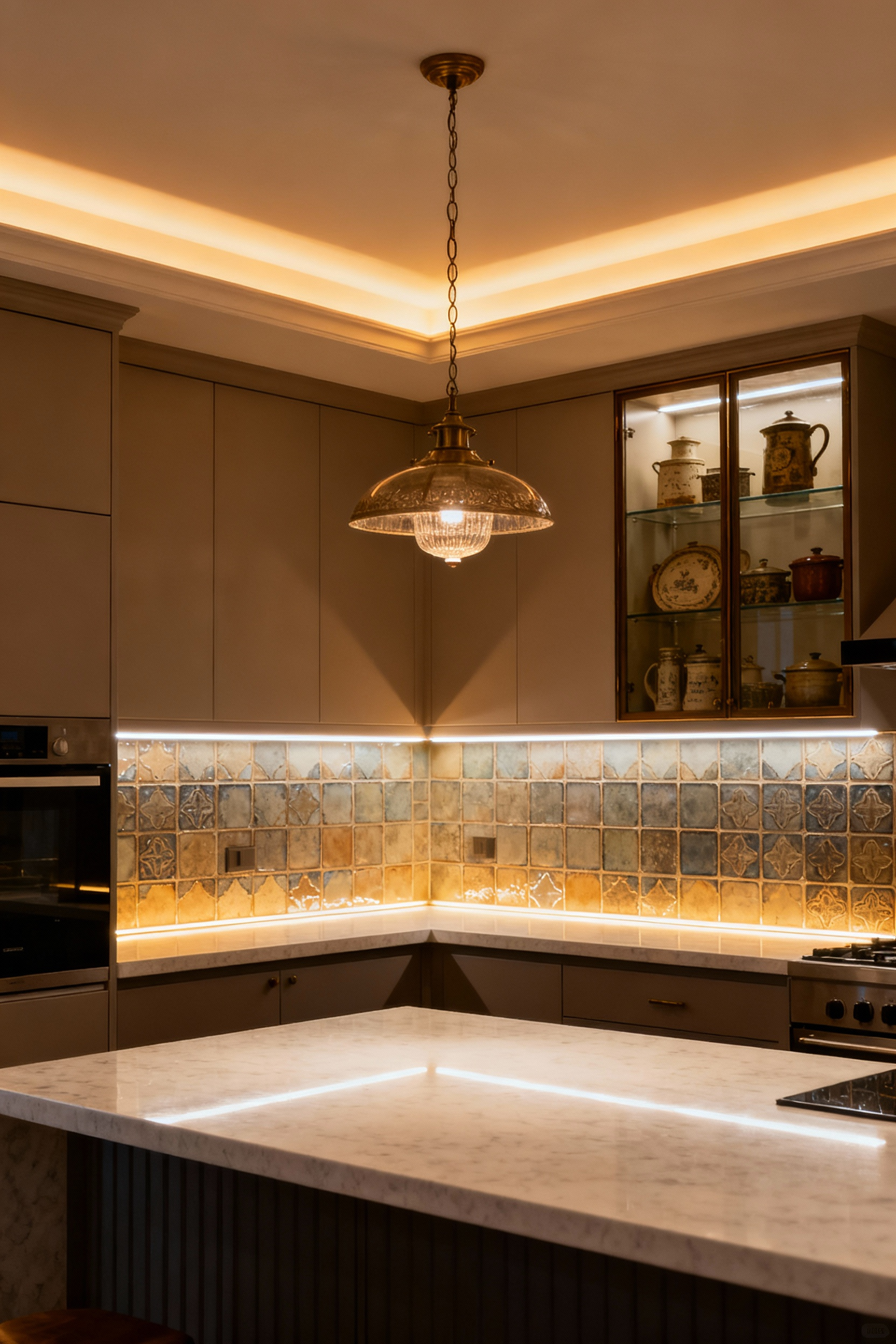 Elegant kitchen featuring sophisticated layered lighting design, with warm ambient overhead lights, bright under-cabinet task lighting, and subtle accent lights on a mosaic backsplash and open shelving. Clean countertops and rich wood cabinetry, demonstrating effective kitchen illumination for an enduring design.