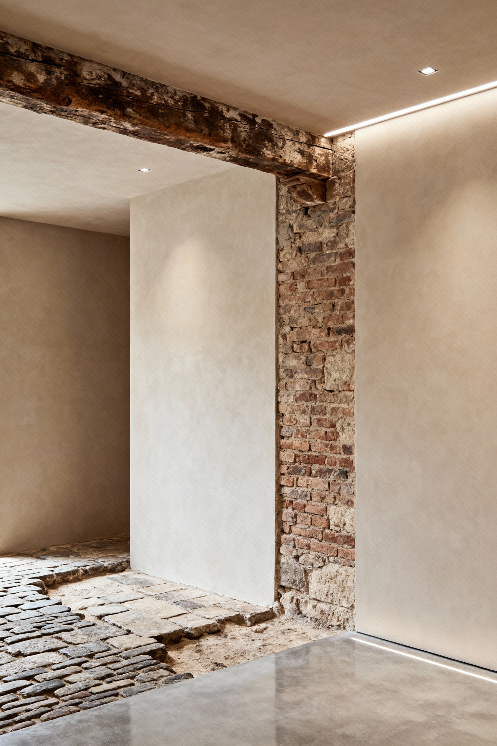 A modern kitchen design element showcasing architectural palimpsests with exposed original brick, timber beams, and new sleek finishes, highlighting preserved historical layers for depth and narrative.