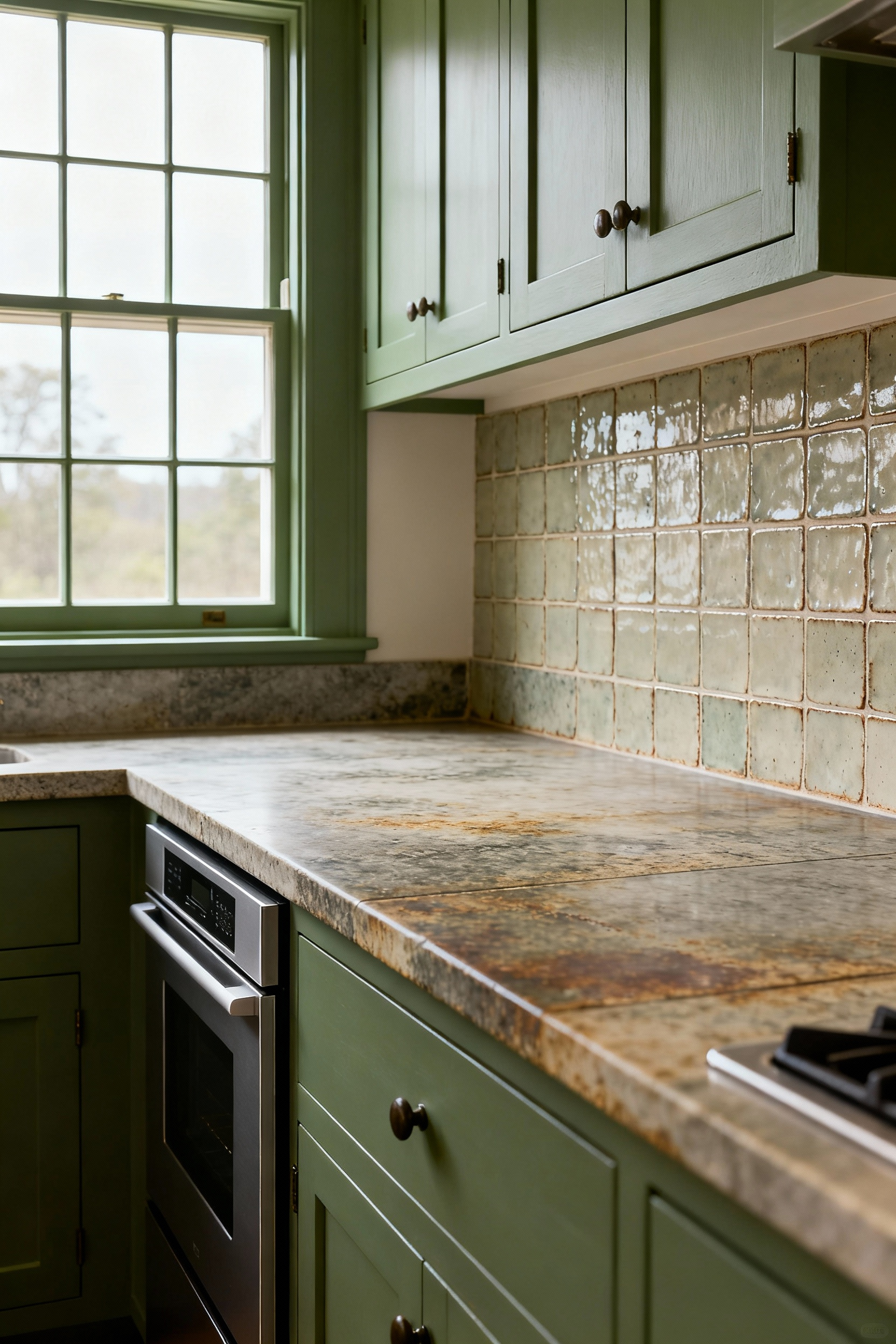 A sophisticated kitchen interior showcasing thoughtful integration of historical design cues, featuring Shaker cabinetry, soapstone counters, and hand-fired tiles, creating a timeless and authentic space without anachronisms.