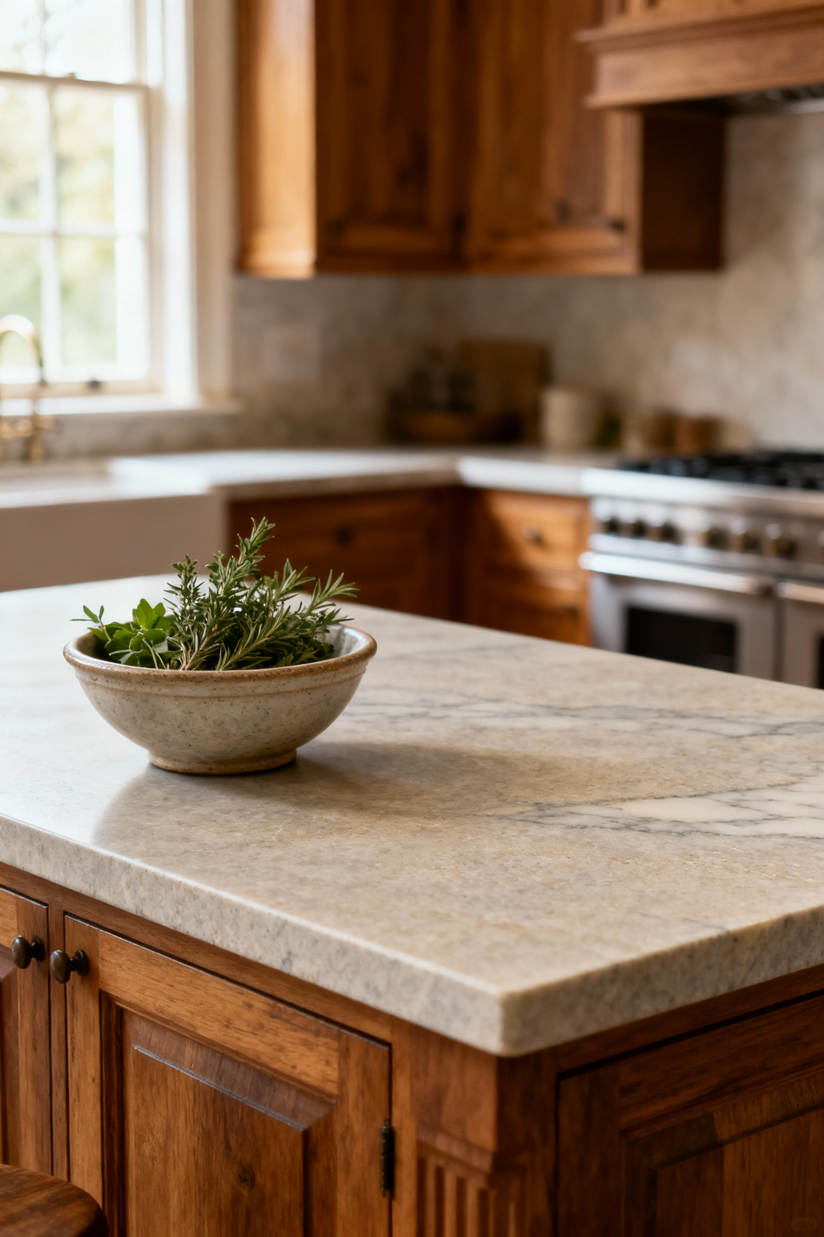 Honed soapstone kitchen countertop with natural light, showcasing resilience and adaptability for an enduring kitchen design.