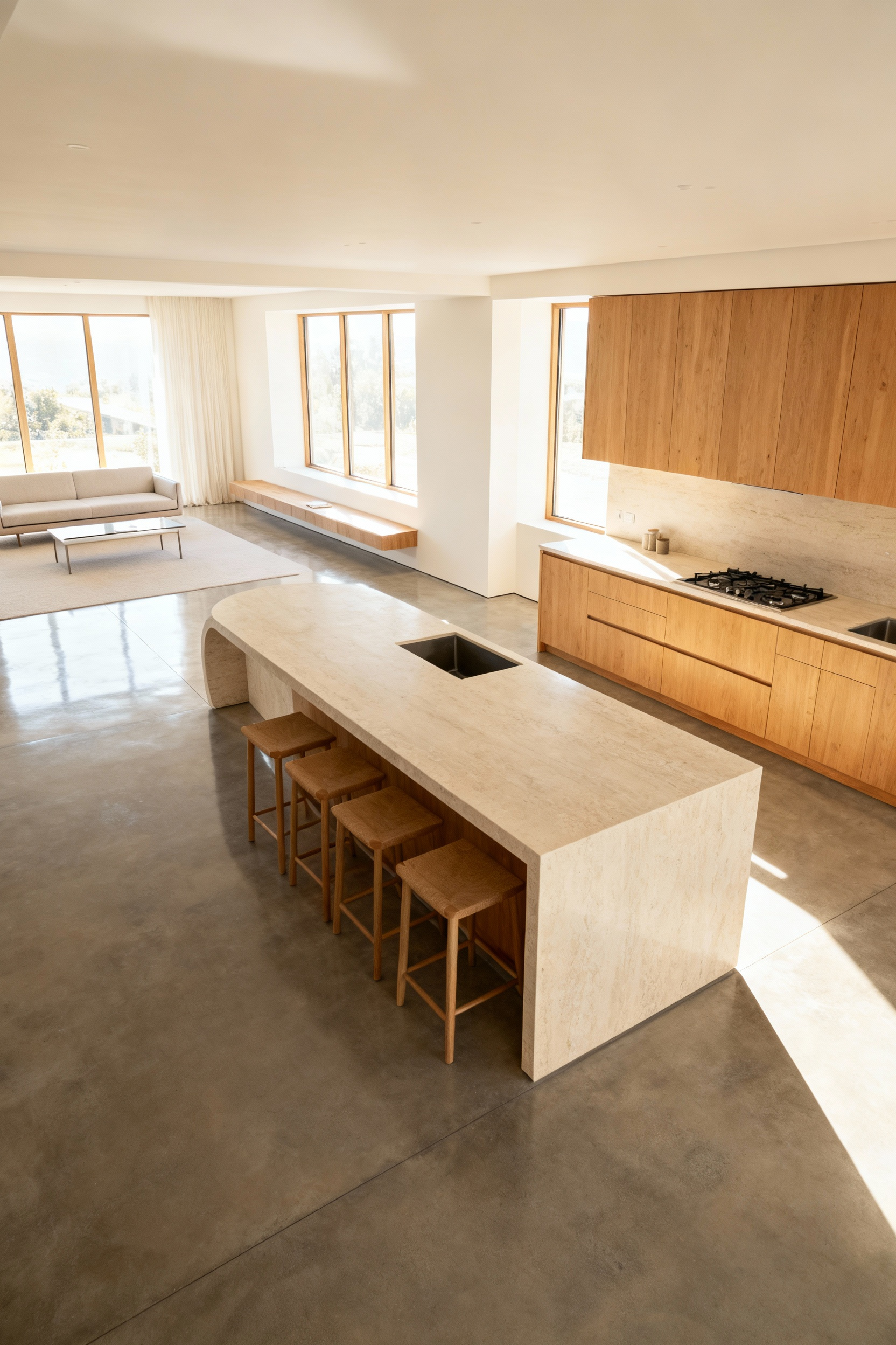 An open-plan kitchen and living area featuring harmonious material palettes, consistent flooring, and a large island with seating, designed for fluid social interaction.