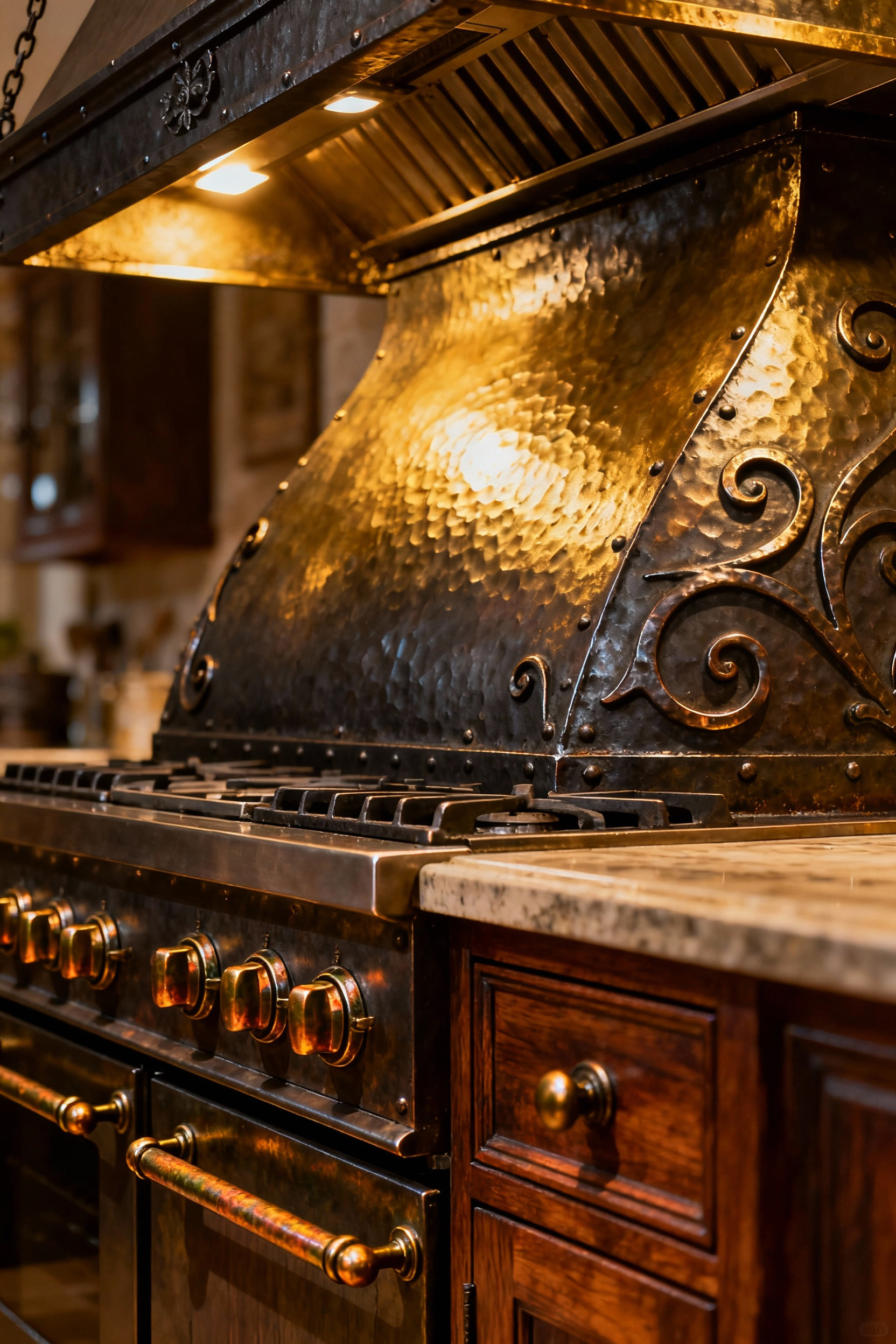 Close-up portrait of a custom hand-forged iron range hood with scrollwork and bronze cabinet pulls, in a refined, traditional kitchen.