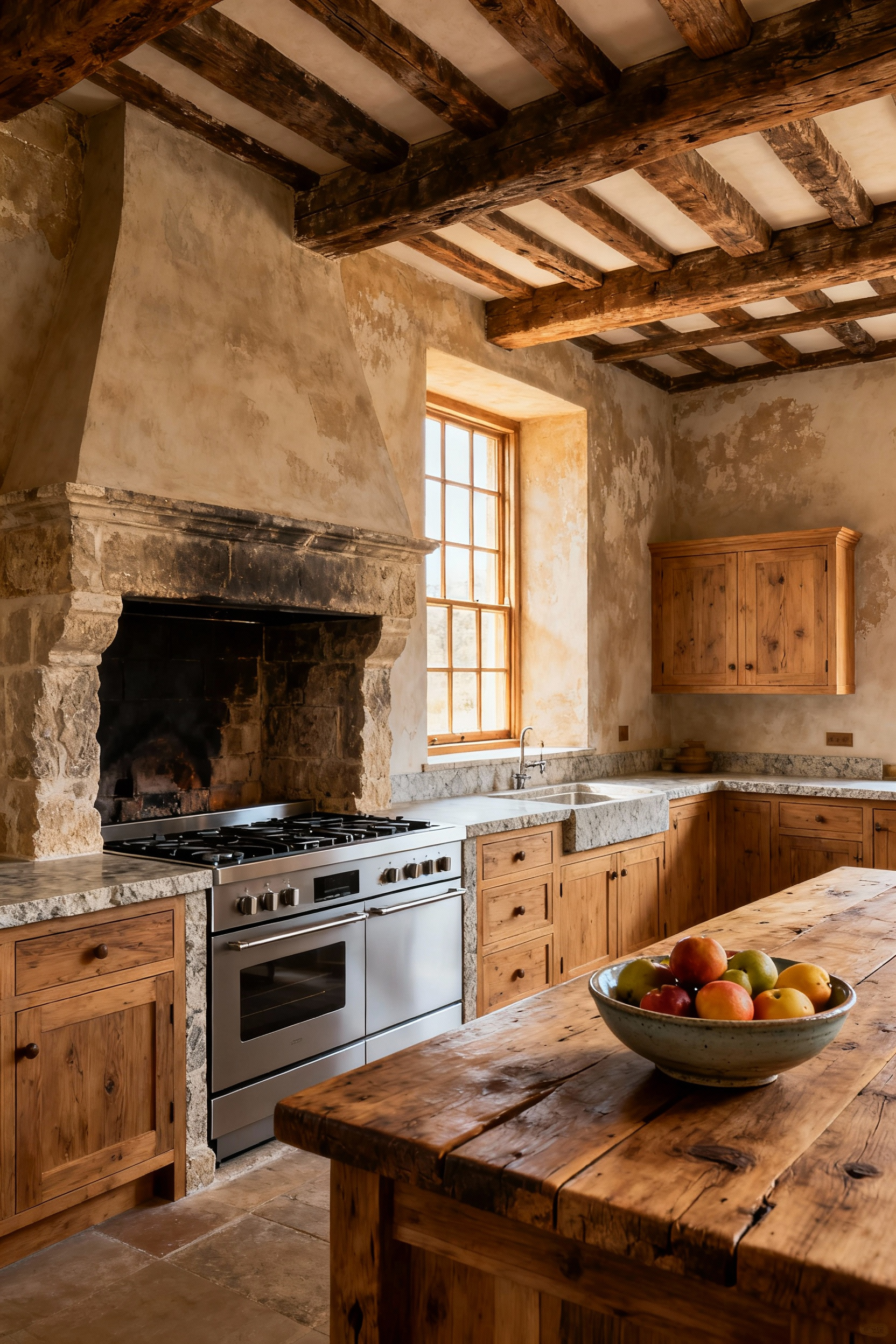 A professional photo of a historically sensitive kitchen design featuring reclaimed wood beams, natural stone countertops, and a modern range seamlessly integrated into an old stone hearth, reflecting architectural provenance and continuity.
