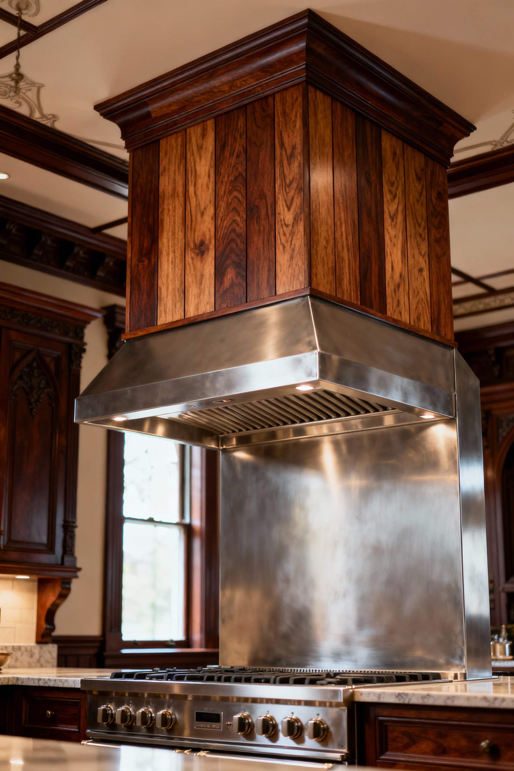 Artisanal ventilation system in a period kitchen, custom oak-clad extractor hood, integrated design above a vintage-style range, high-performance kitchen ventilation.