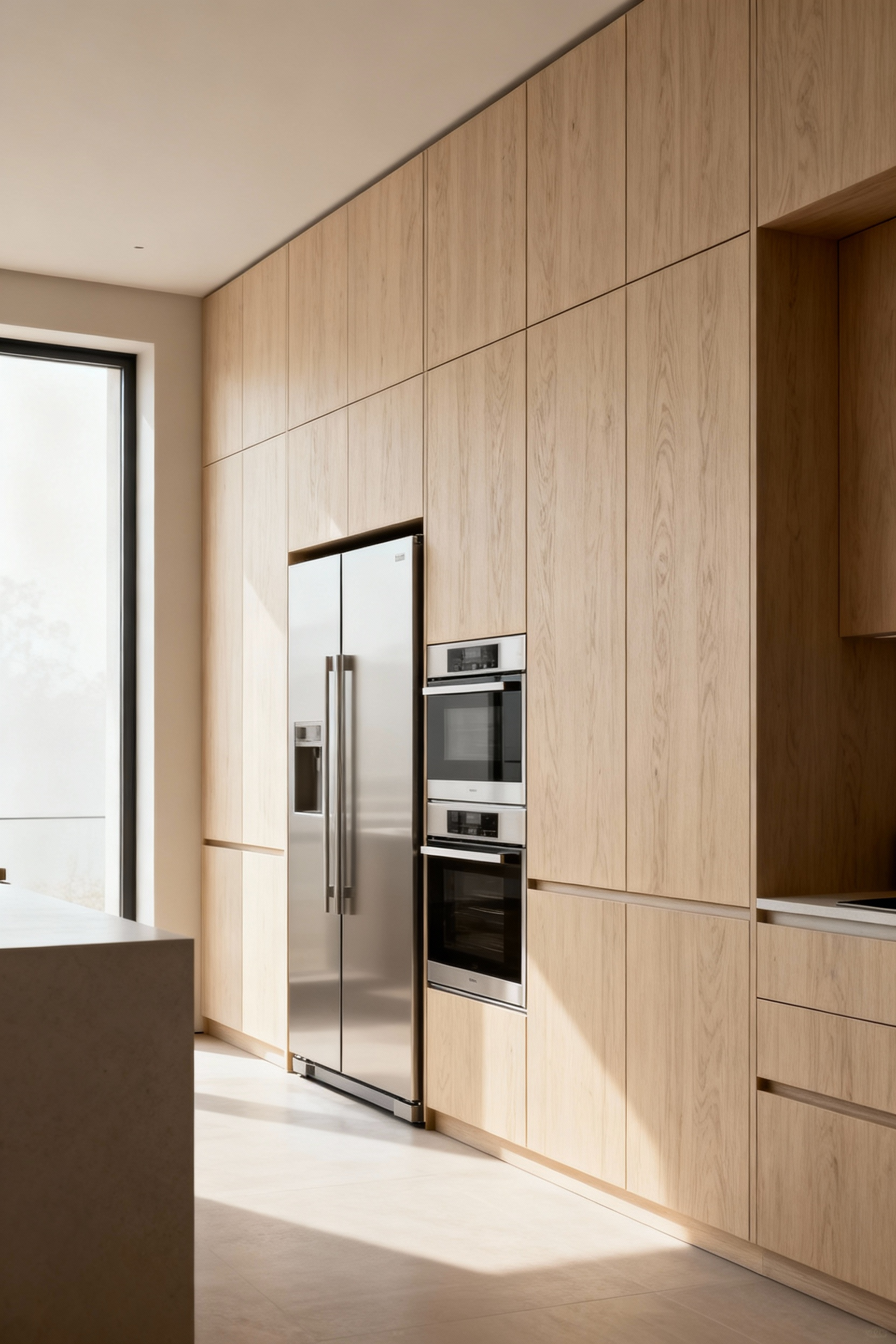 Elegant kitchen with seamless custom wood paneling concealing high-end integrated appliances, focusing on sophisticated design and aesthetic integrity.