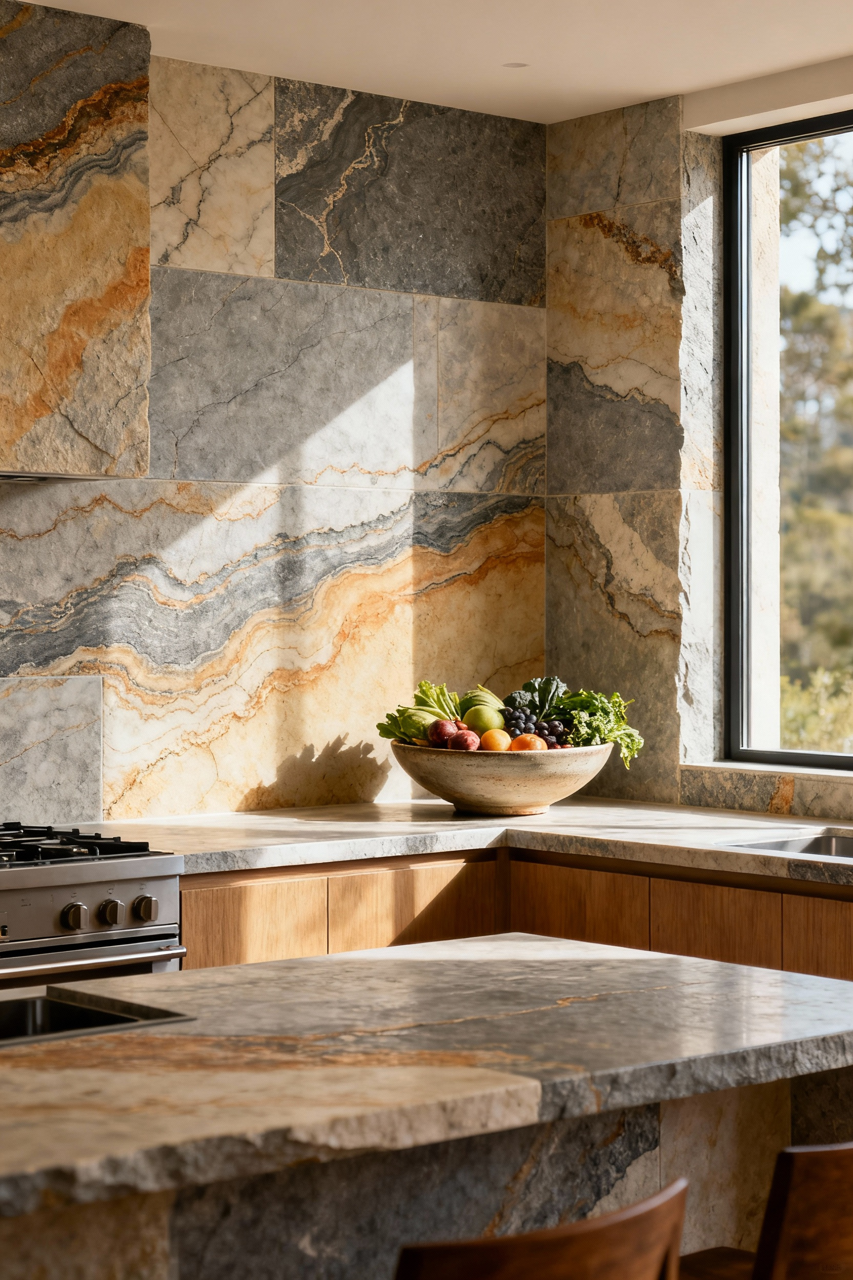 Kitchen design featuring indigenous stone countertops and backsplash, showcasing regional geology and natural patterns, enhancing an authentic culinary space.