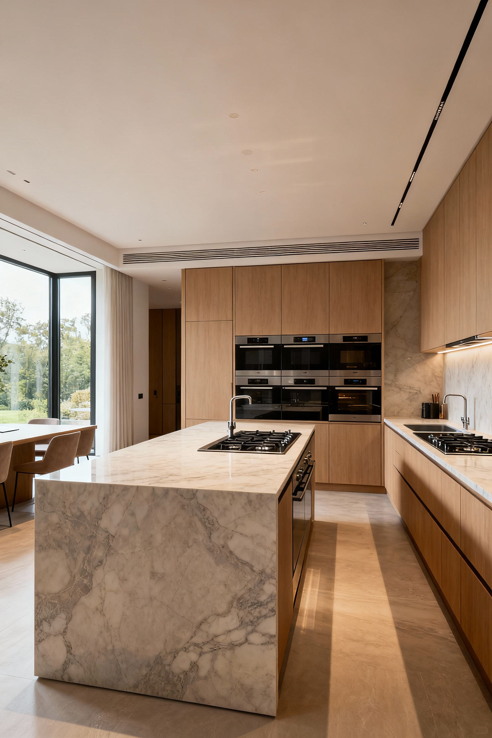 A luxurious, contemporary kitchen demonstrating redesigned workflow zones, high-end materials, natural light, and an open, grand spatial aesthetic, featuring a large central island.