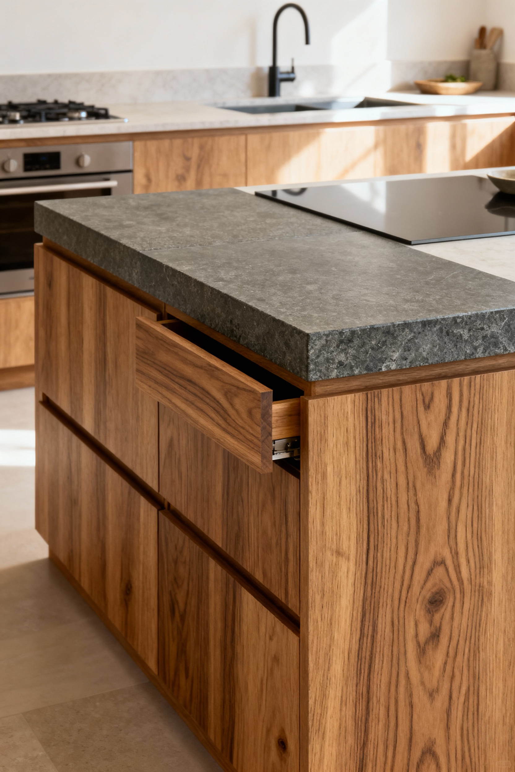 Elegant kitchen with convertible prep zones featuring adaptable natural stone and wood surfaces, designed for flexible culinary and social use.
