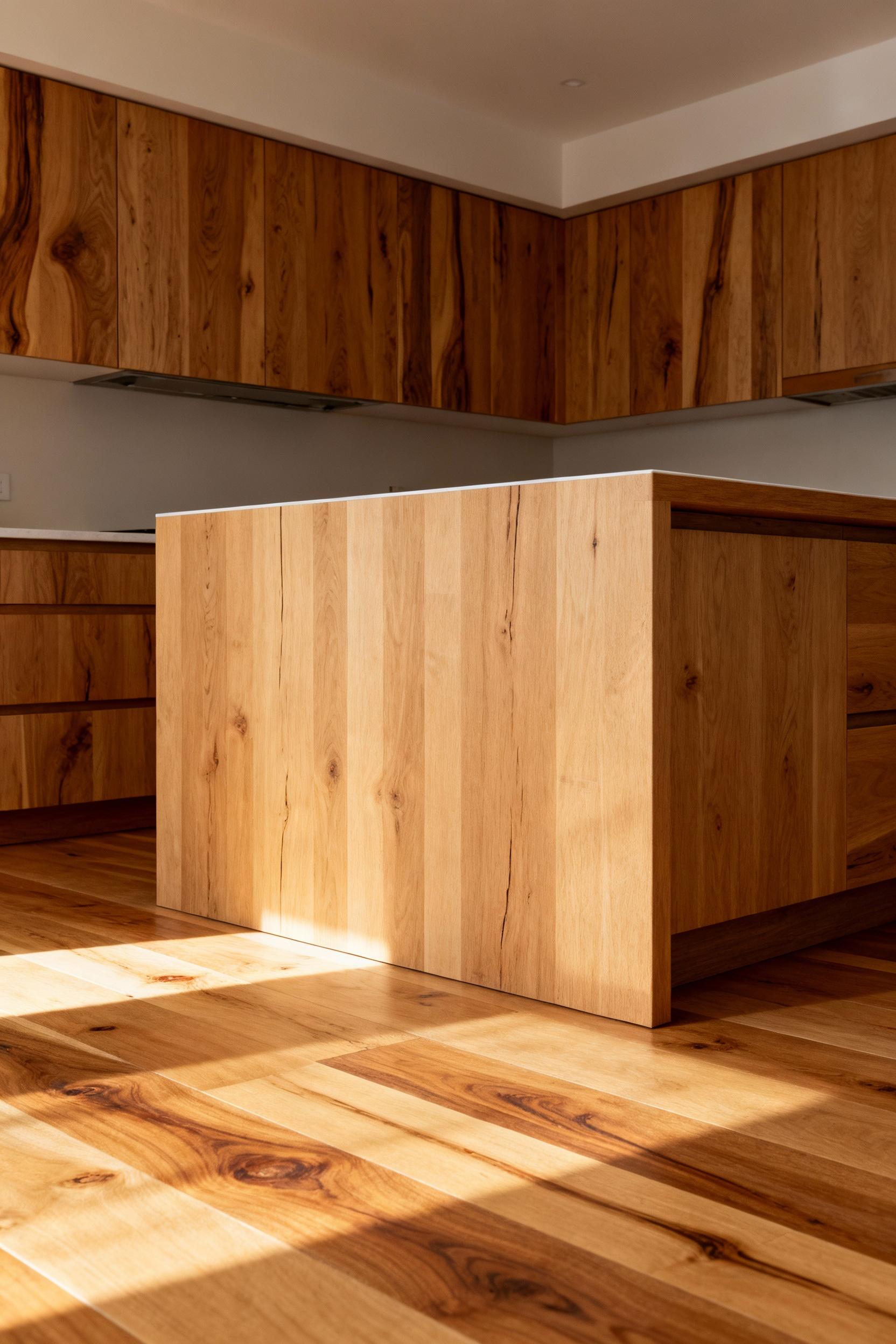 Elegant kitchen interior with natural woodgrain cabinetry, island, and flooring, showcasing varied wood species and warm lighting.