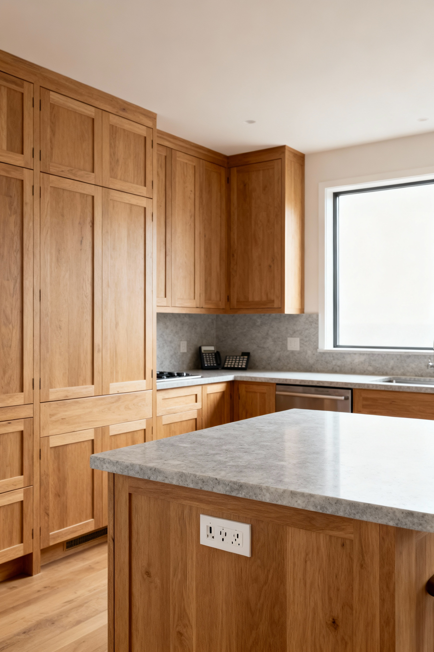 A bright, spacious kitchen featuring timeless Shaker-style cabinetry in a neutral tone, natural stone countertops, integrated modern appliances subtly blended, and a flexible island design, embodying architectural longevity and adaptability.