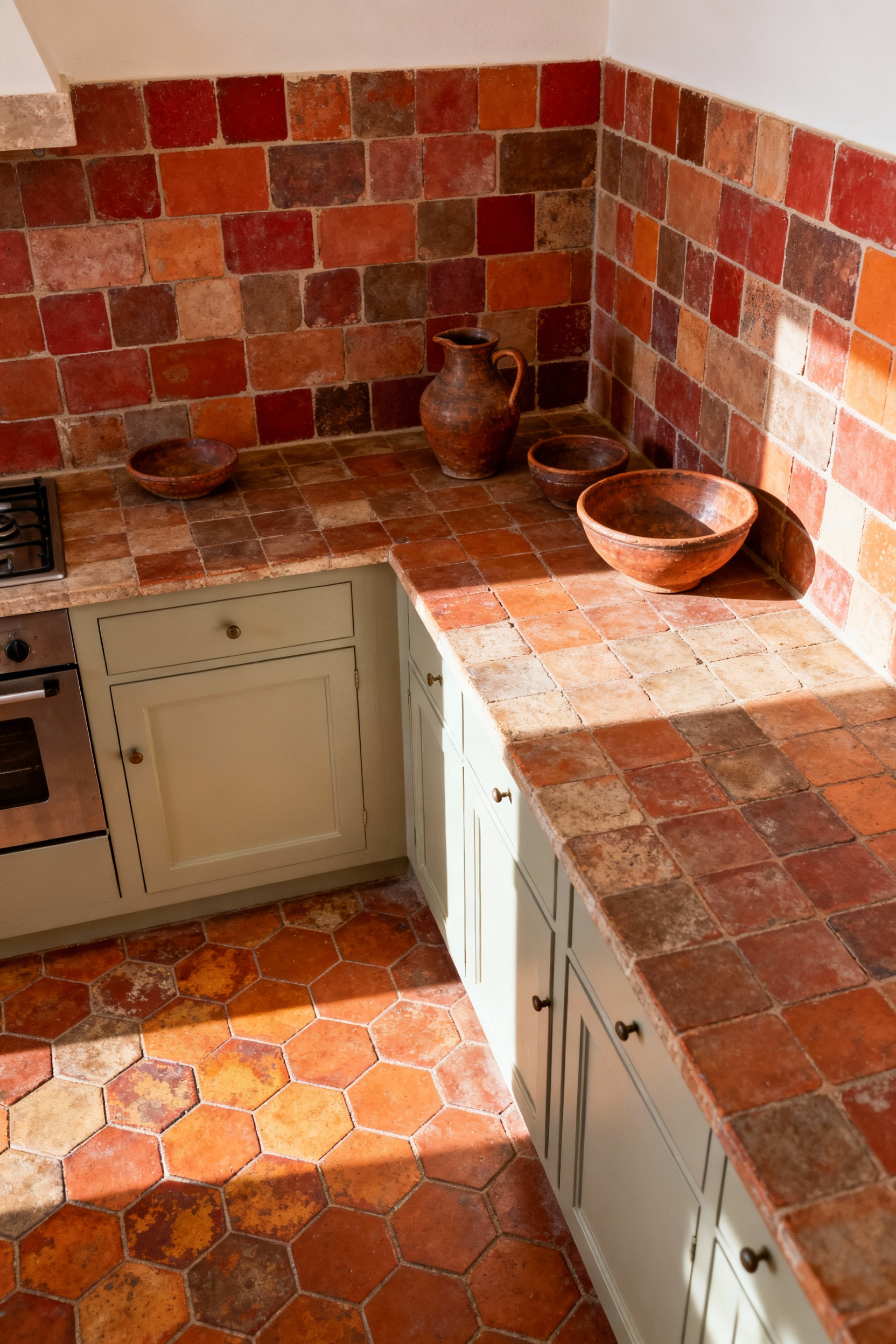 Portrait view of a rustic yet refined kitchen featuring an earthenware tile backsplash and reclaimed terracotta hexagonal floor tiles, showcasing artisanal depth and warm earthy tones in natural light.
